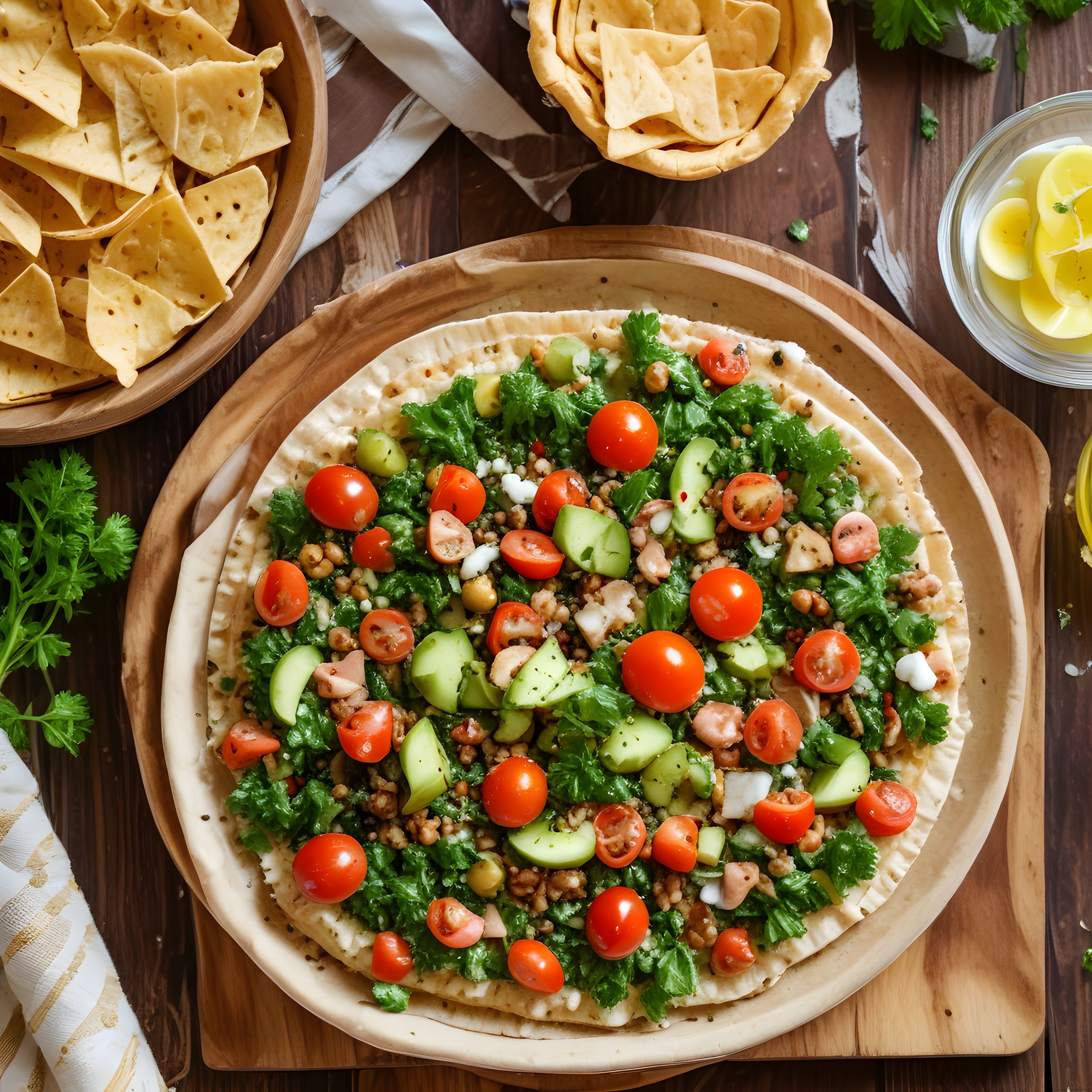 Ahşap Sunumda Lavaş Üzeri Taze Sebzeli Dip Meze ve Tortilla Cips