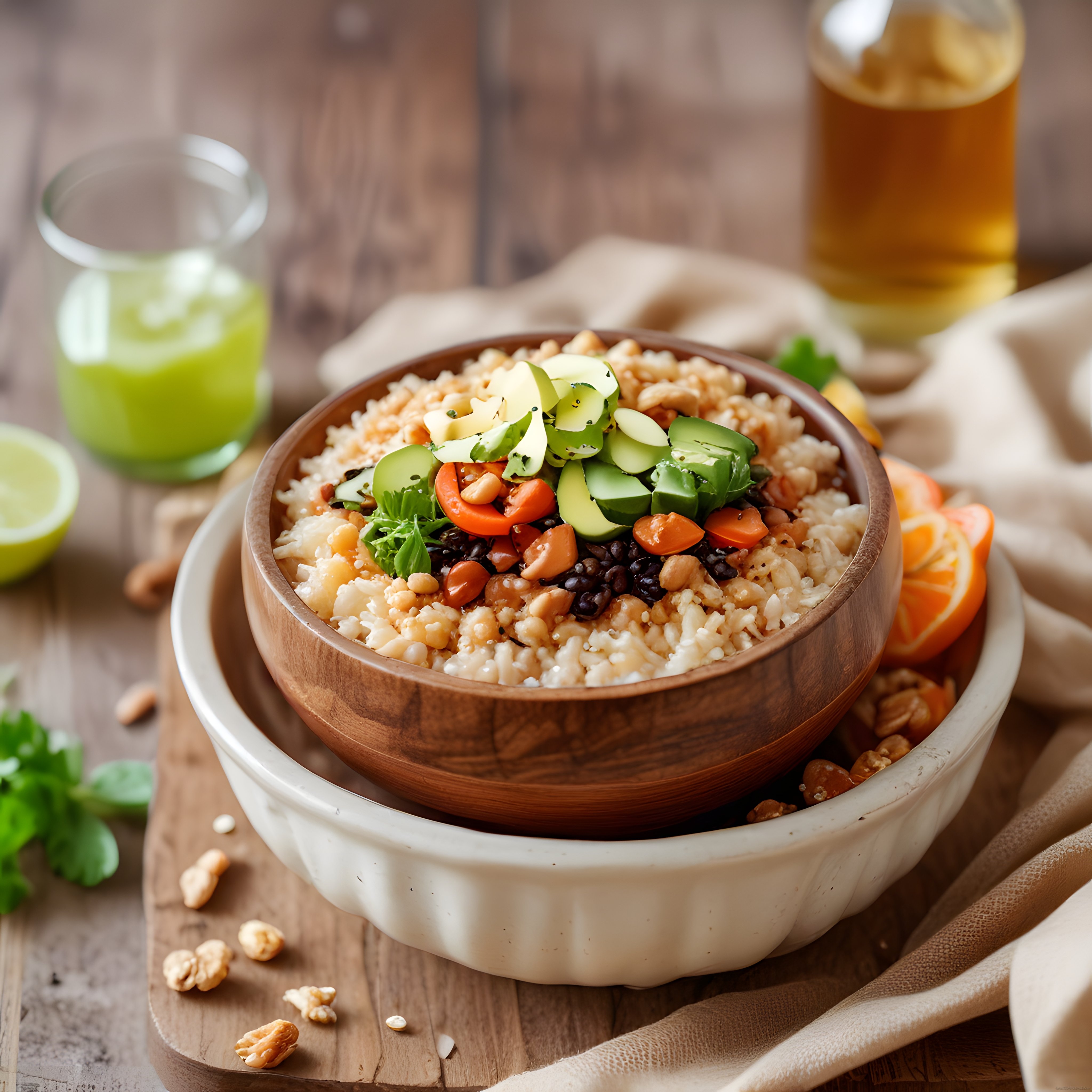 Ahşap Sunumda Nohutlu Mercimekli Avokadolu Sağlıklı Vegan Kase Tarifi