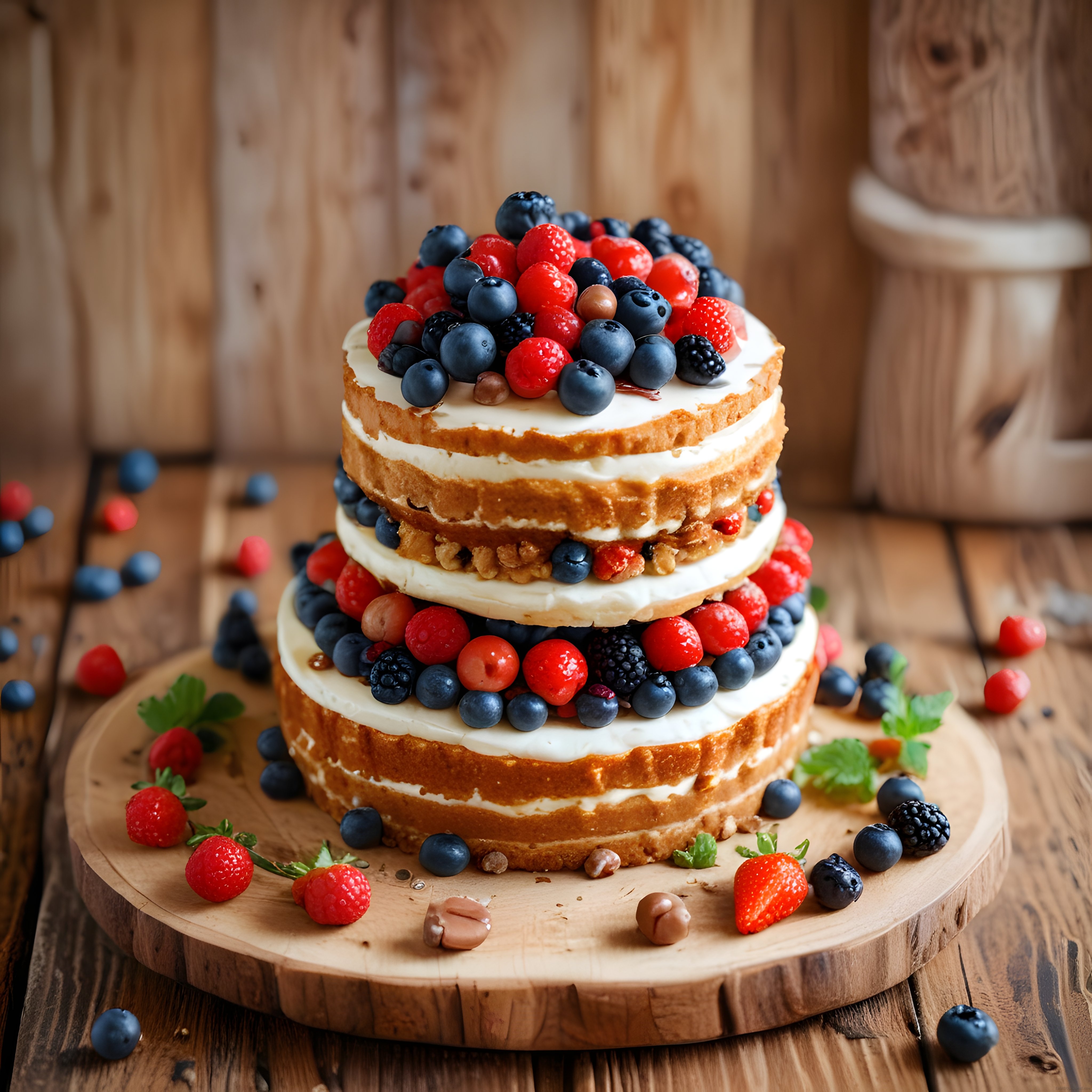 Ahşap Sunumda Orman Meyveli Üç Katlı Naked Cake Tarifi ve Görseli