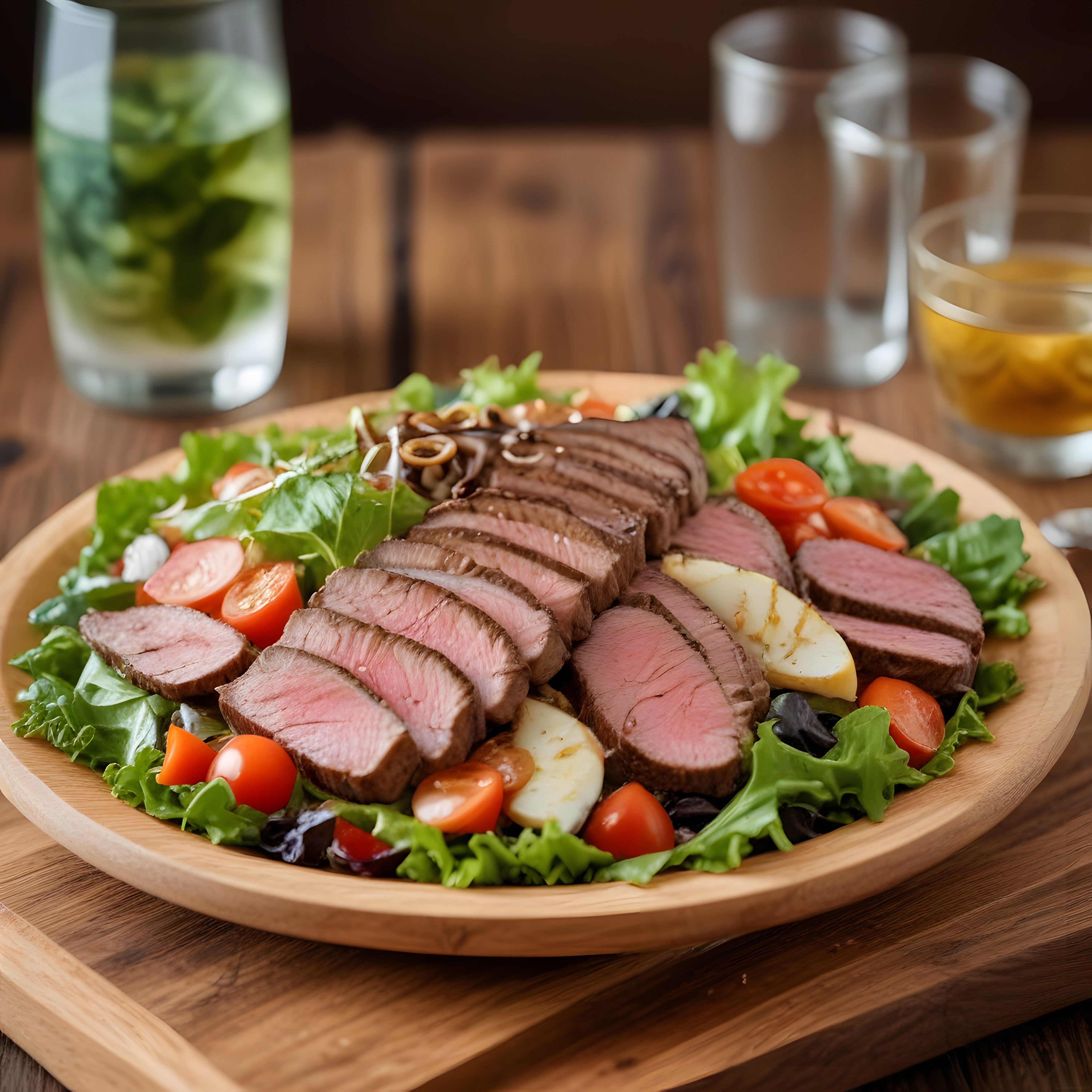 Ahşap Sunumda Orta Pişmiş Biftek Salata ve Cherry Domates Eşliğinde
