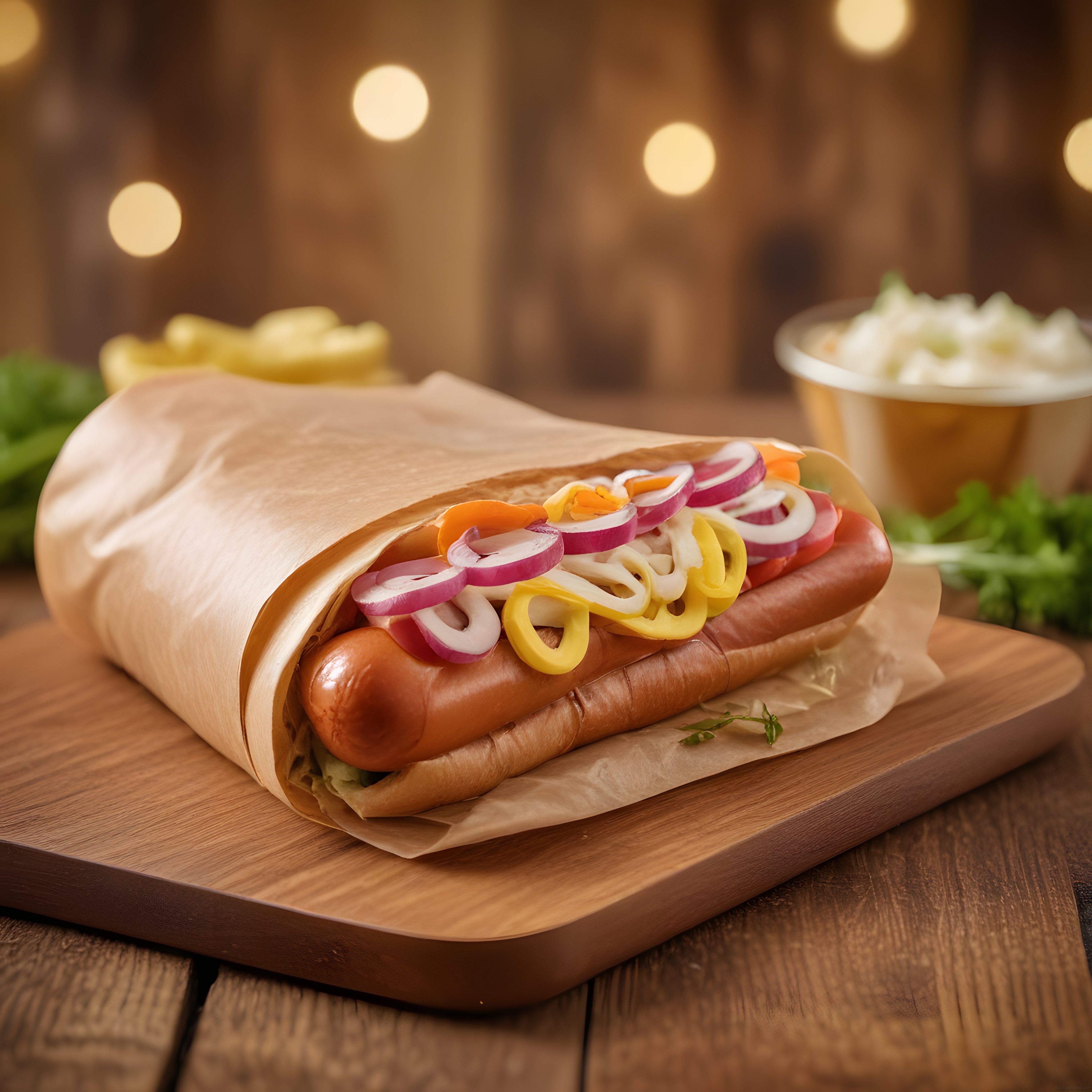Ahşap Sunumda Özel Soslu ve Taze Sebzelerle Süslenmiş Nefis Hot Dog