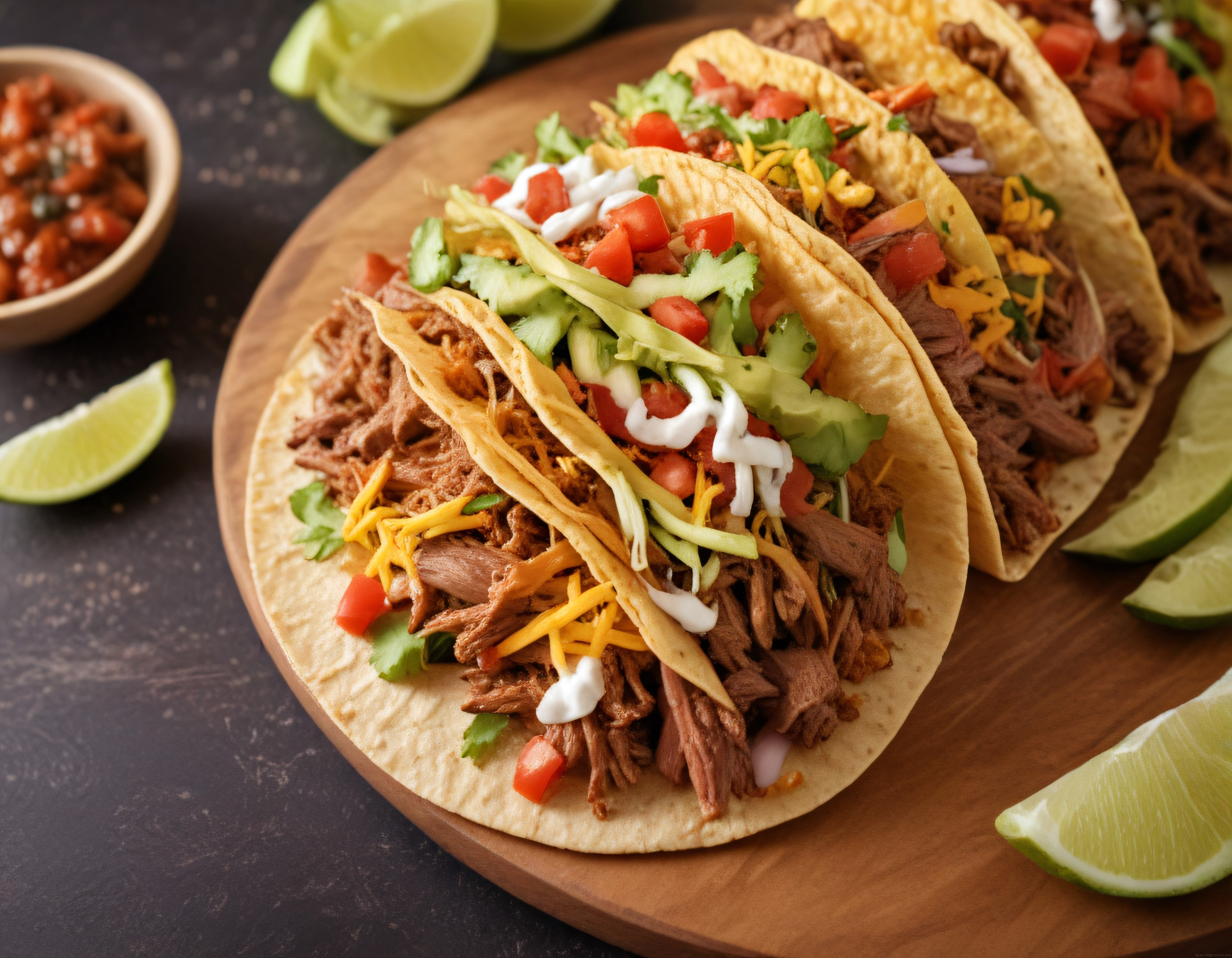 Ahşap Sunumda Parçalanmış Etli Meksika Taco, Avokado ve Limon Eşliğinde