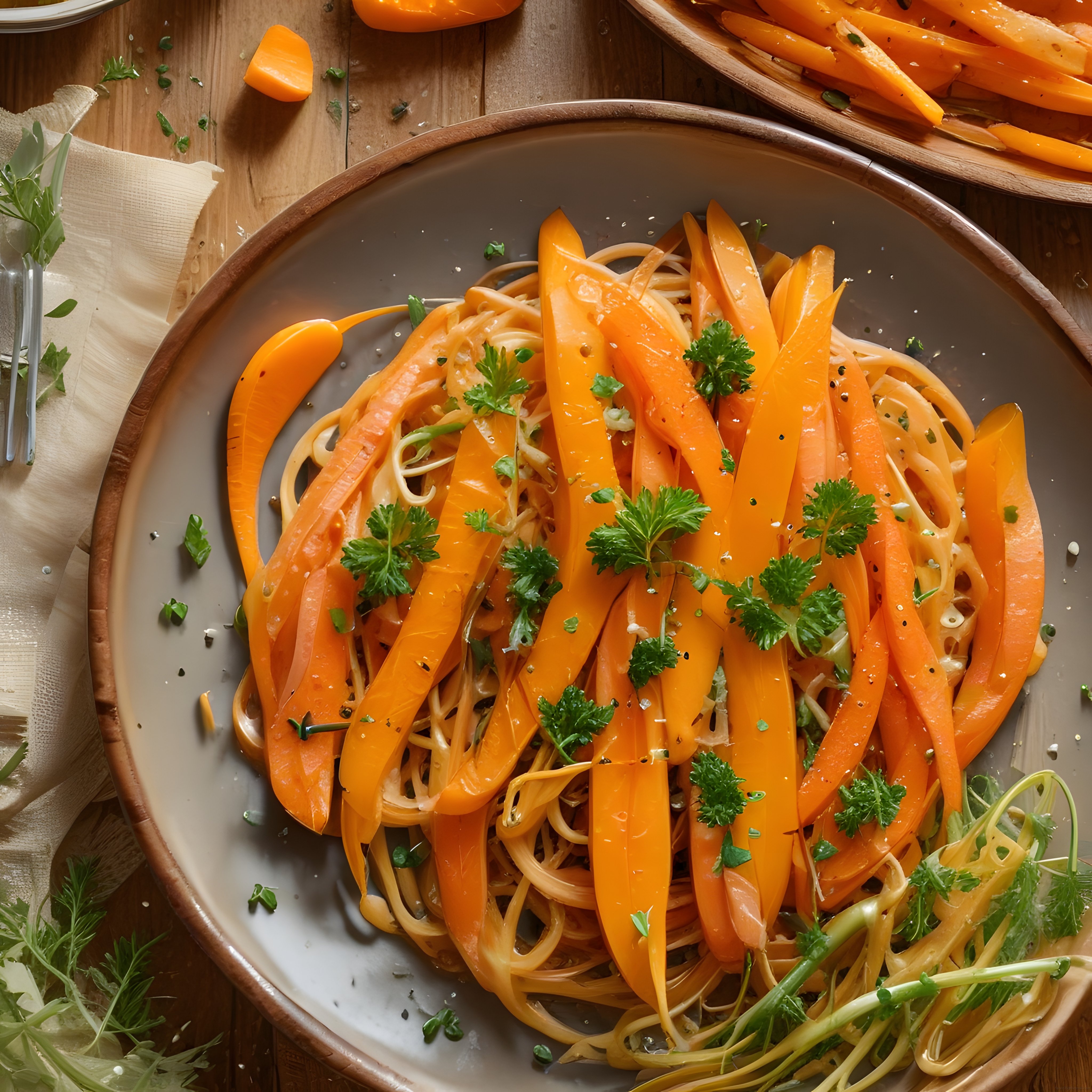 Ahşap sunumda parlak turuncu havuç şeritleriyle süslenmiş vegan makarna tabağı