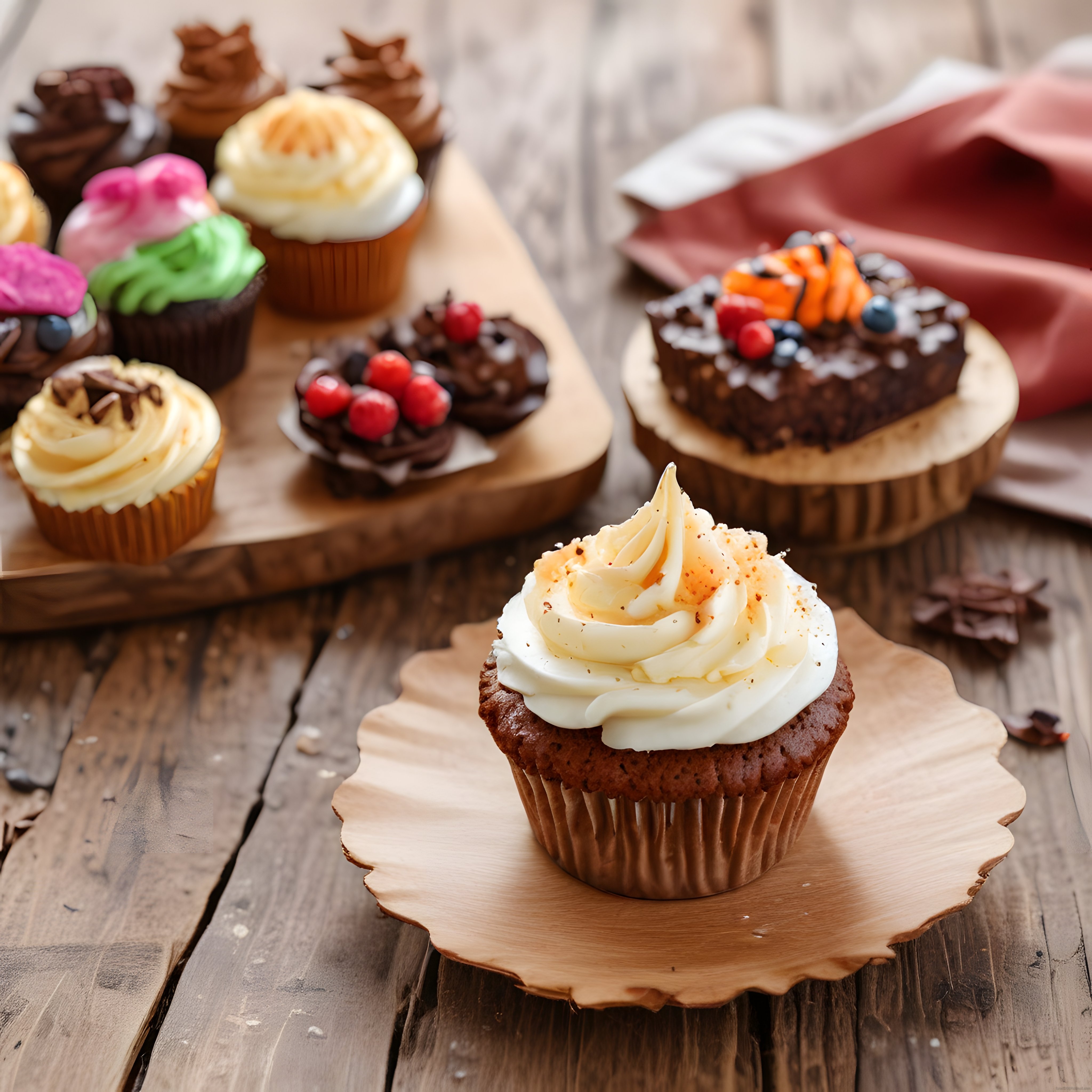 Ahşap sunumda rengarenk cupcake ve krema süslemeli tatlı çeşitleri