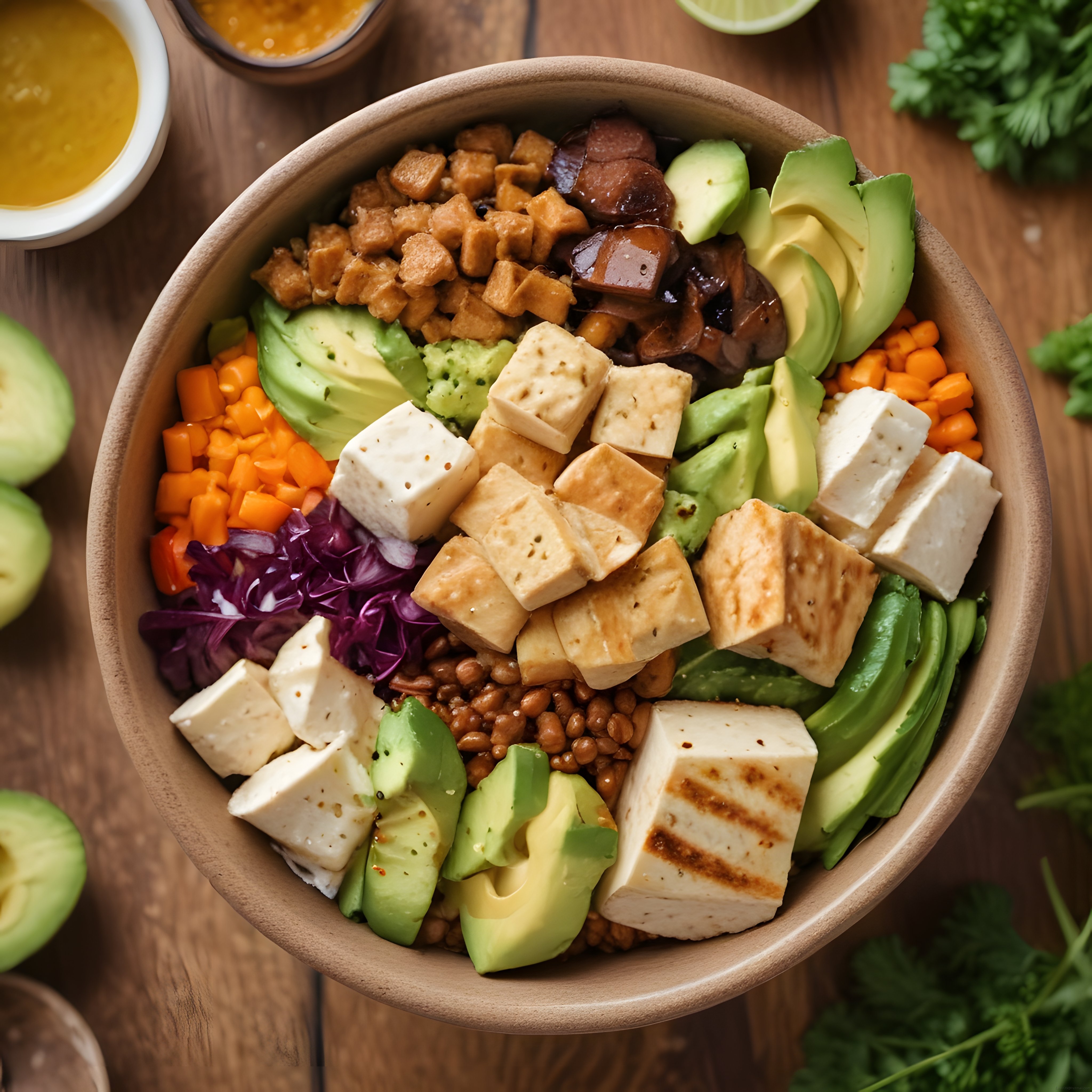 Ahşap sunumda renkli buda kasesi: tofu, avokado, havuç ve mor lahana