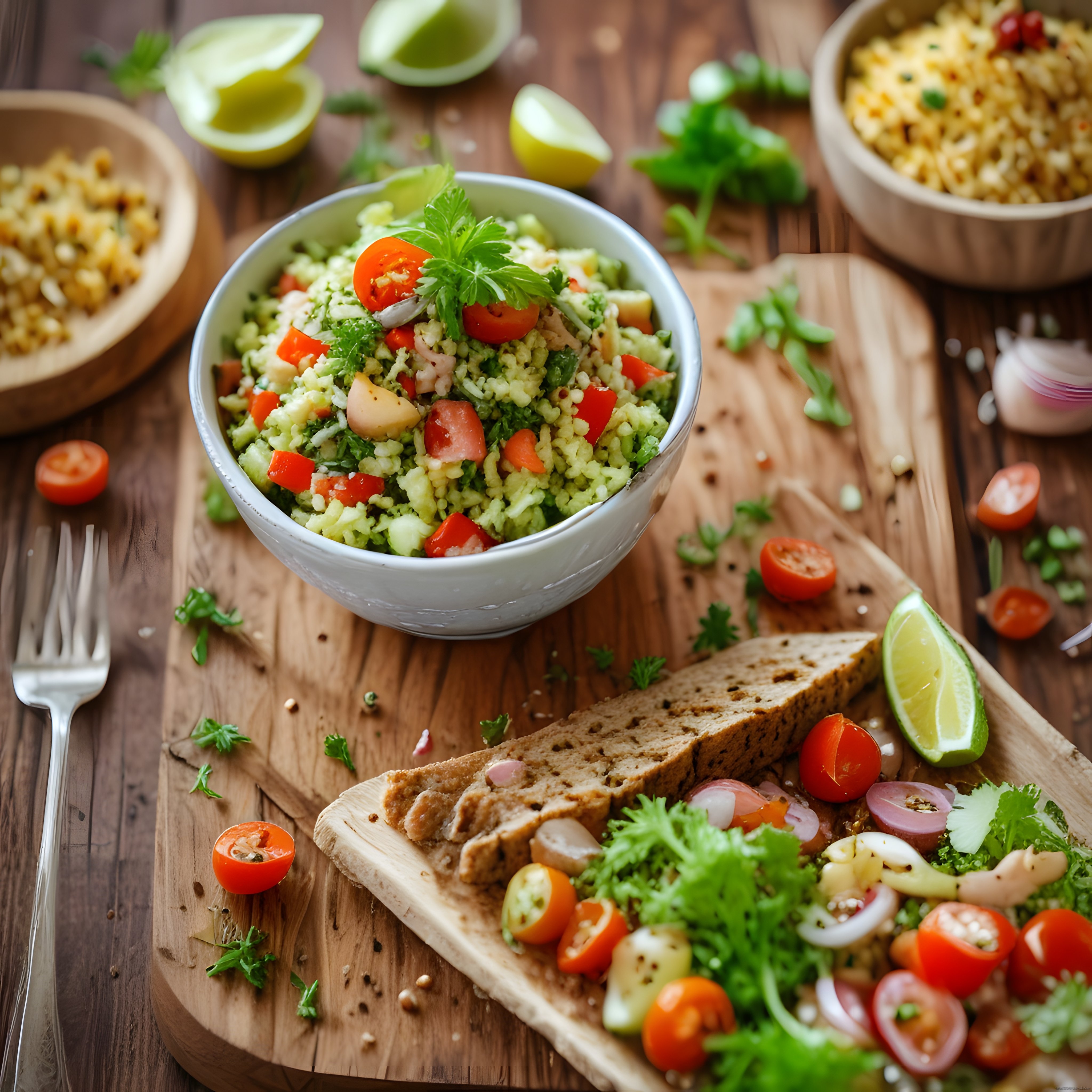 Ahşap Sunumda Renkli Bulgur Salatası, Taze Sebzeler ve Ekşi Maya Ekmek