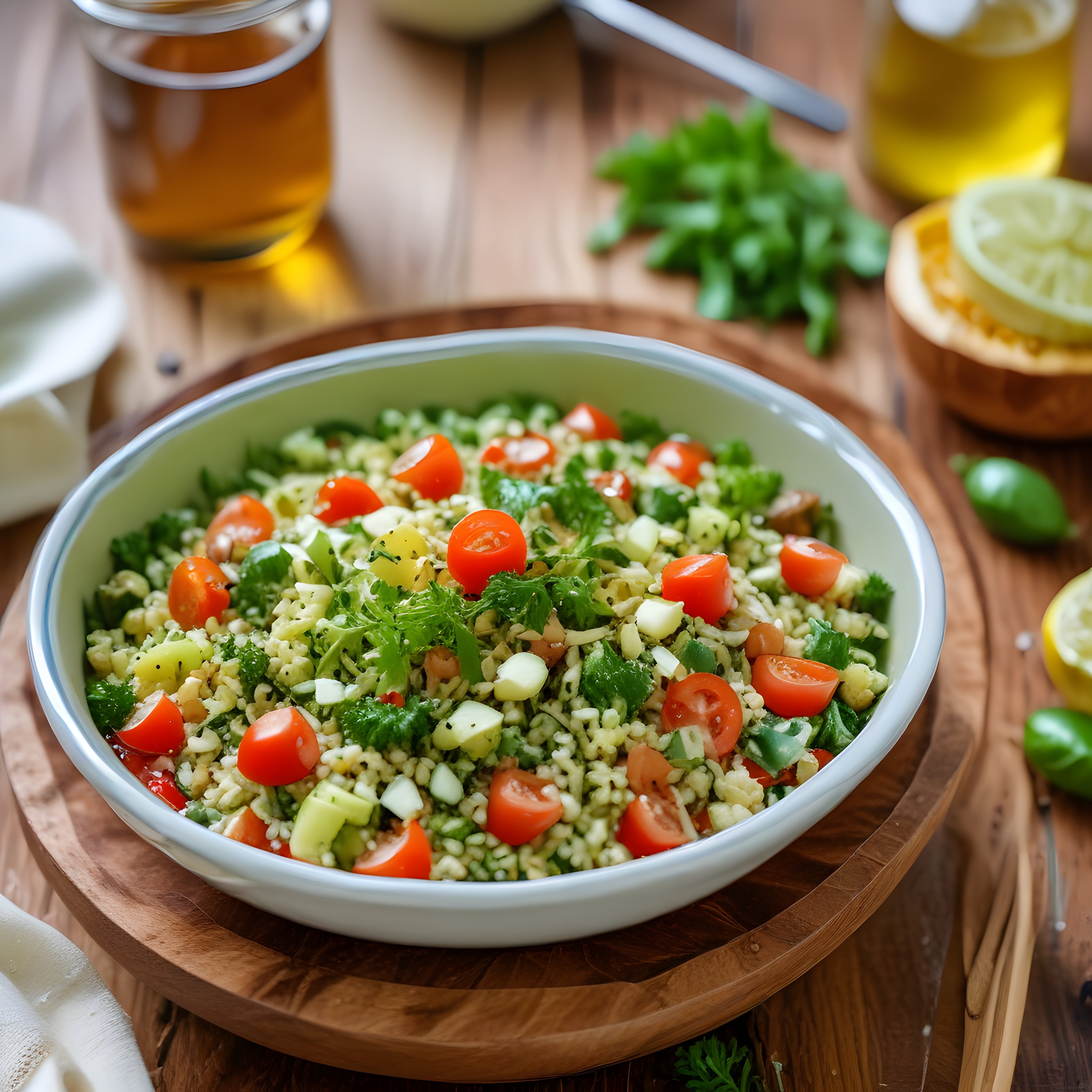 Ahşap Sunumda Renkli Bulgur Salatası: Taze Sebzelerle Zengin Lezzet