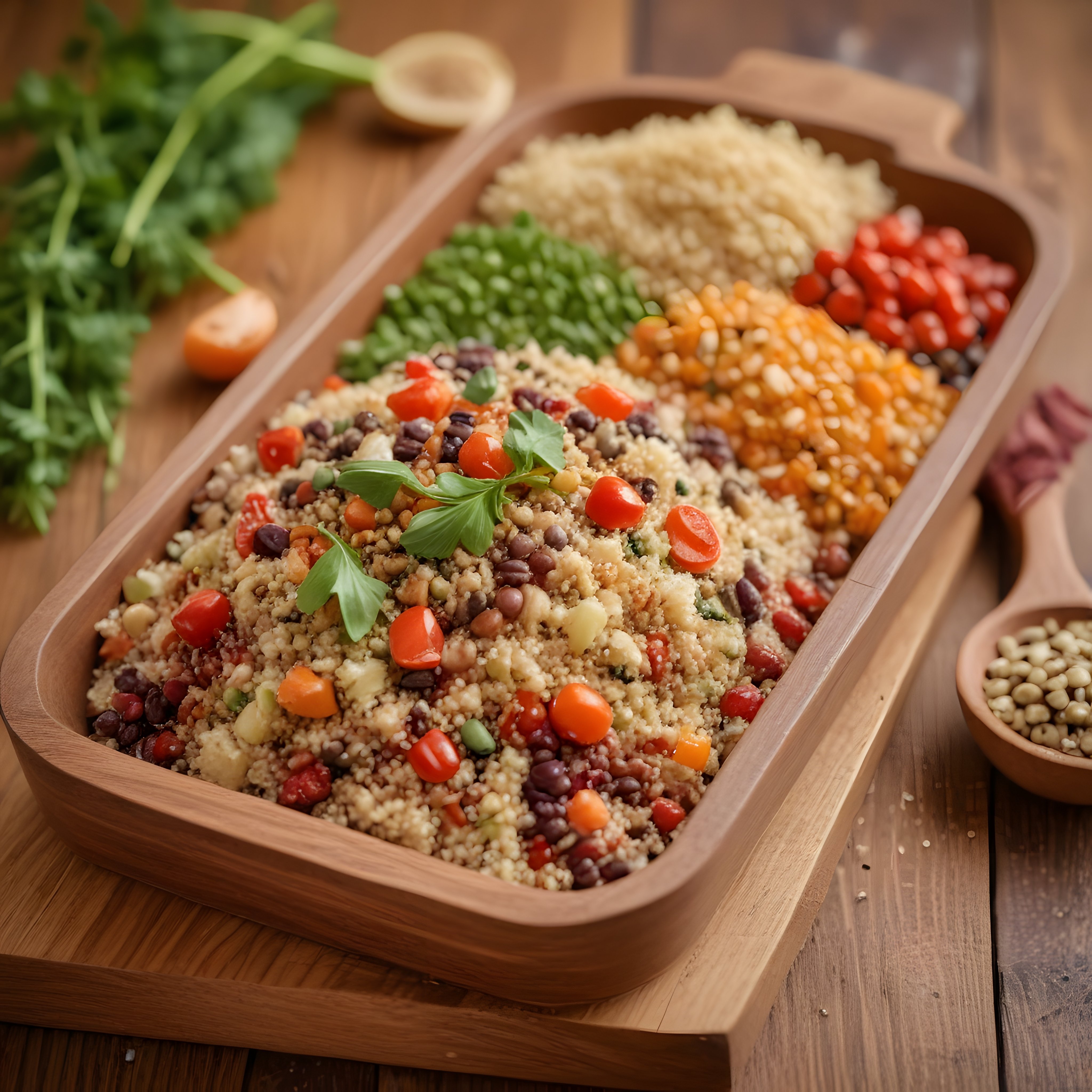 Ahşap sunumda renkli kuskus salatası ve bakliyatlı tahıl kasesi
