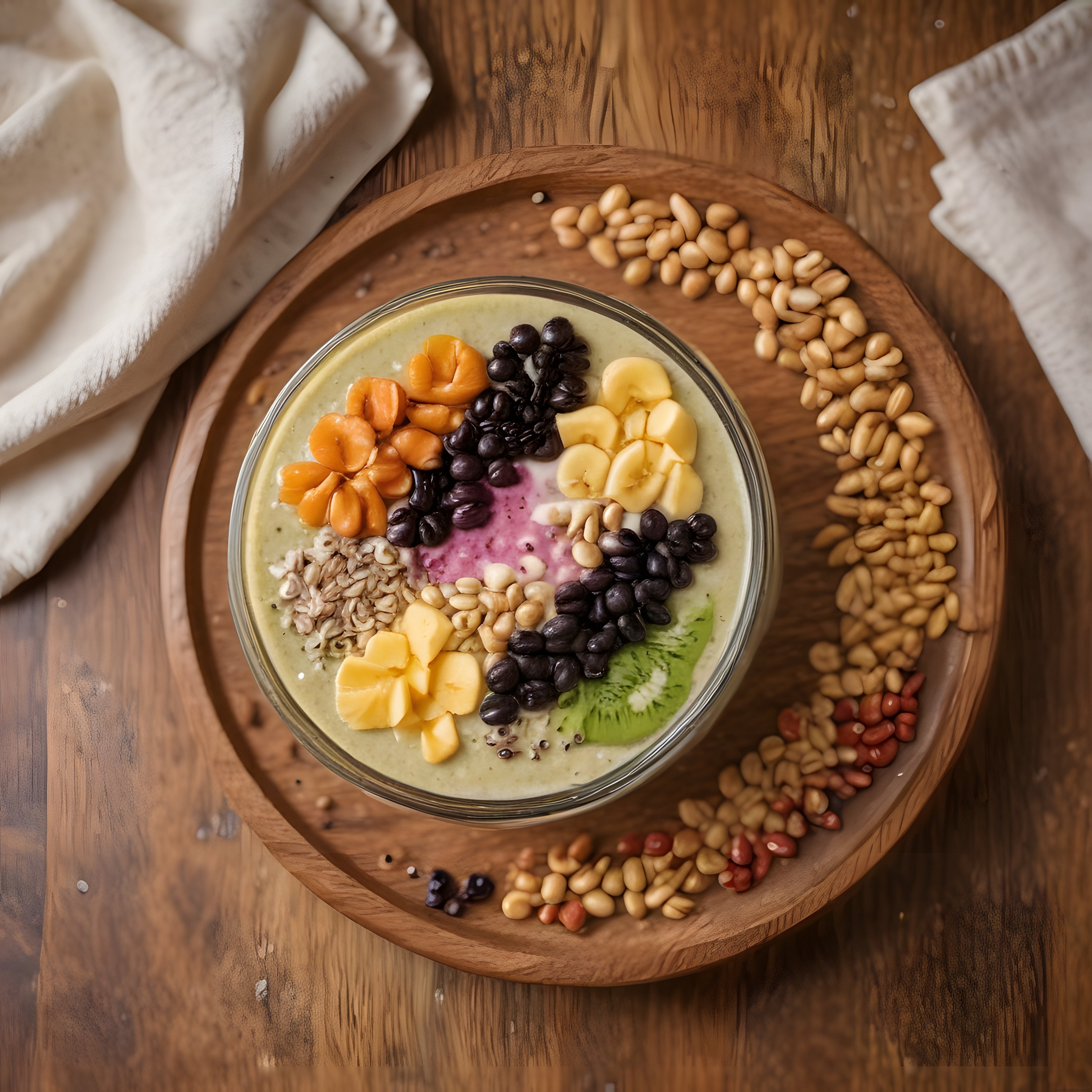 Ahşap Sunumda Renkli Meyveli Sağlıklı Smoothie Bowl ve Kuruyemişler
