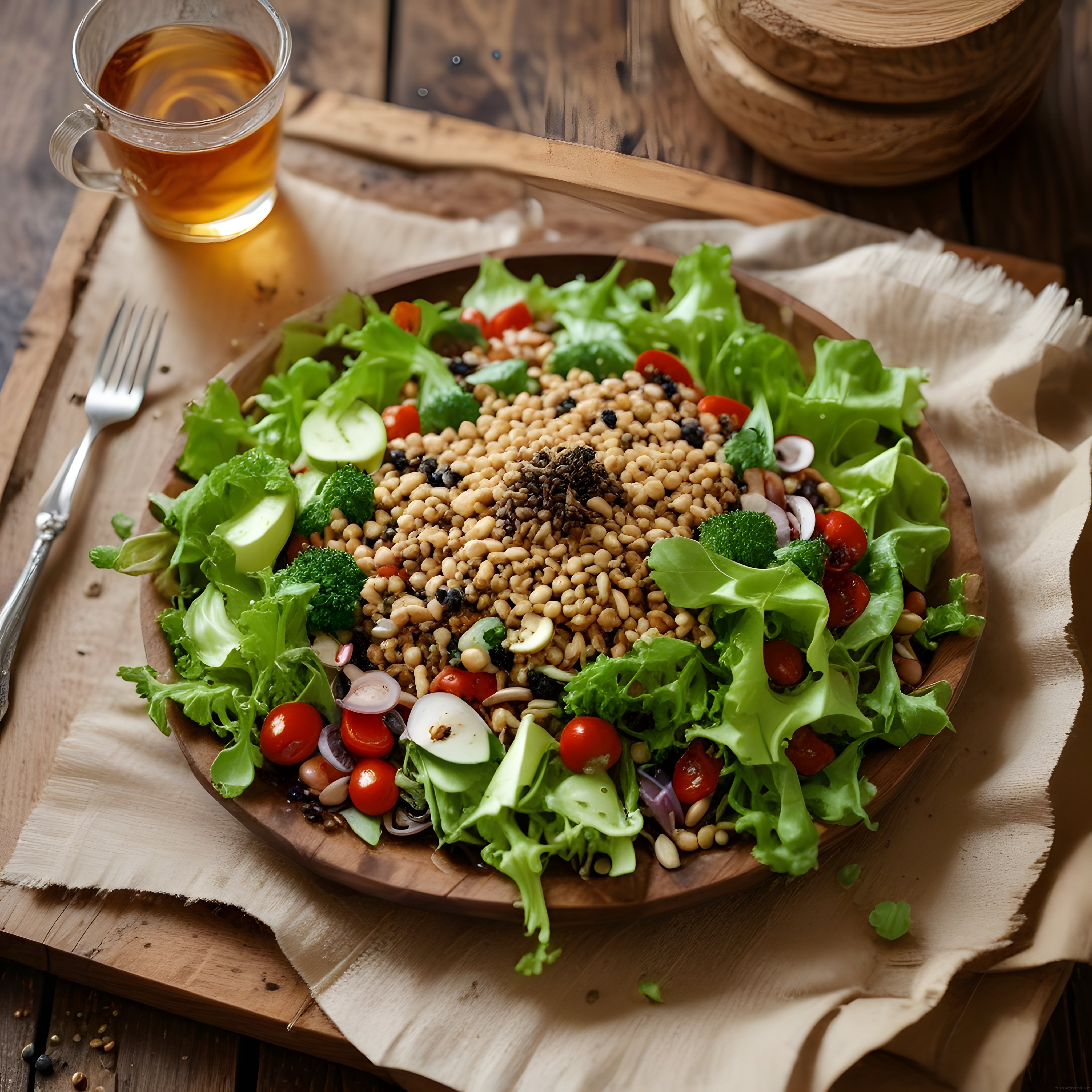 Ahşap Sunumda Renkli Sebzeler ve Tahıl ile Besleyici Vegan Salata Kasesi