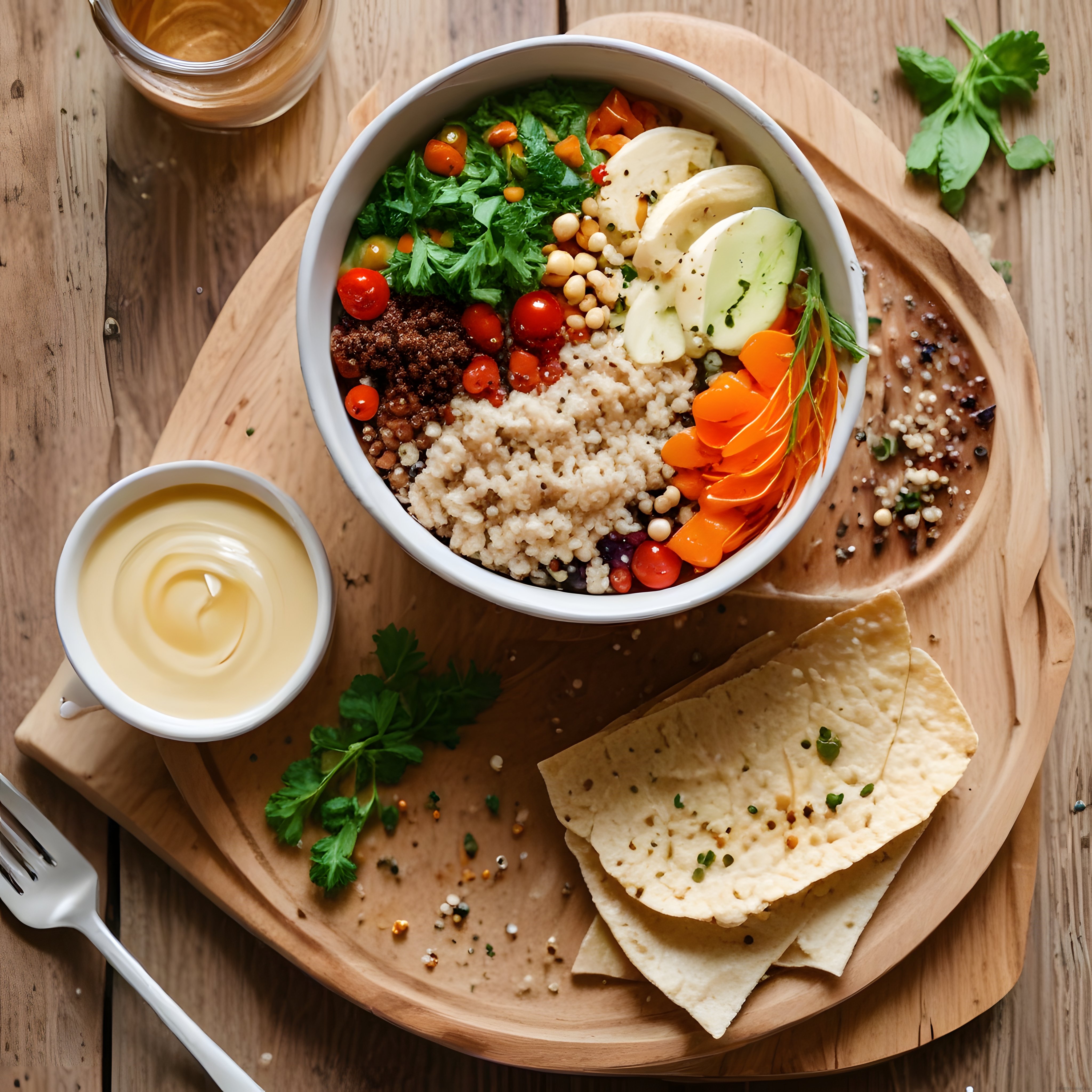 Ahşap sunumda renkli sebzeli kinoa bowl, cips ve sarı sos ile sağlıklı öğün