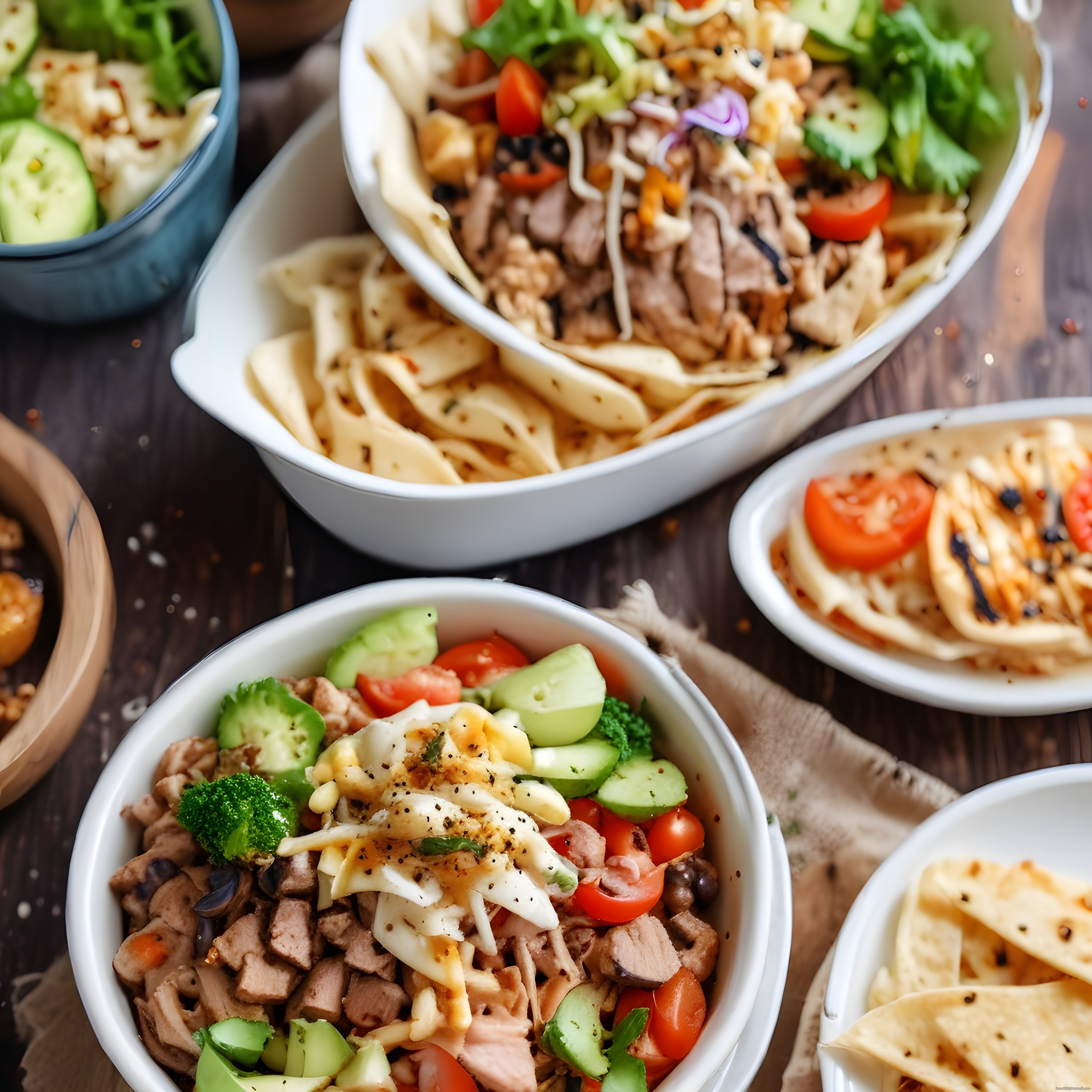 Ahşap Sunumda Renkli Sebzeli Tavuklu Bowl ve Yanında Lavaş Dilimleri