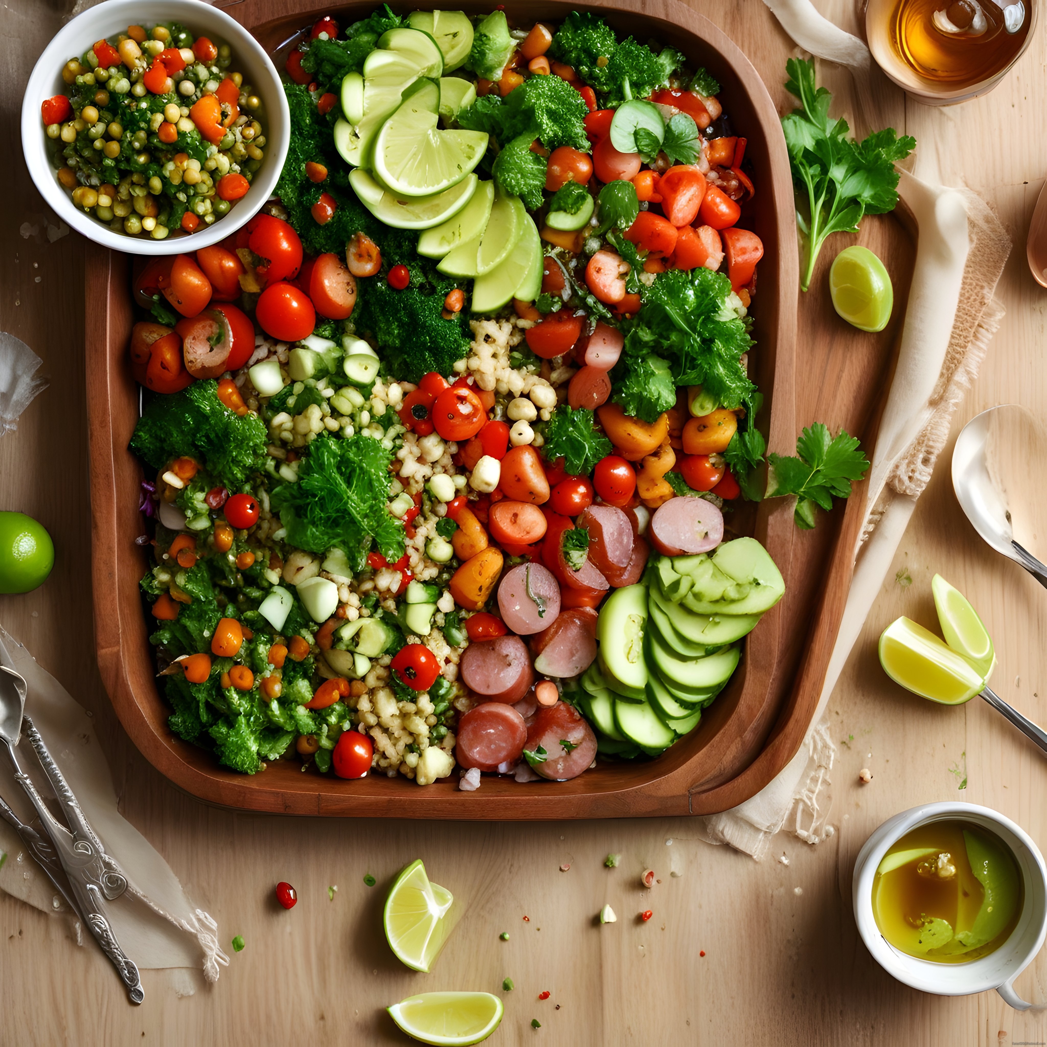 Ahşap Sunumda Renkli Sebzeli ve Avokadolu Sağlıklı Salata Kasesi
