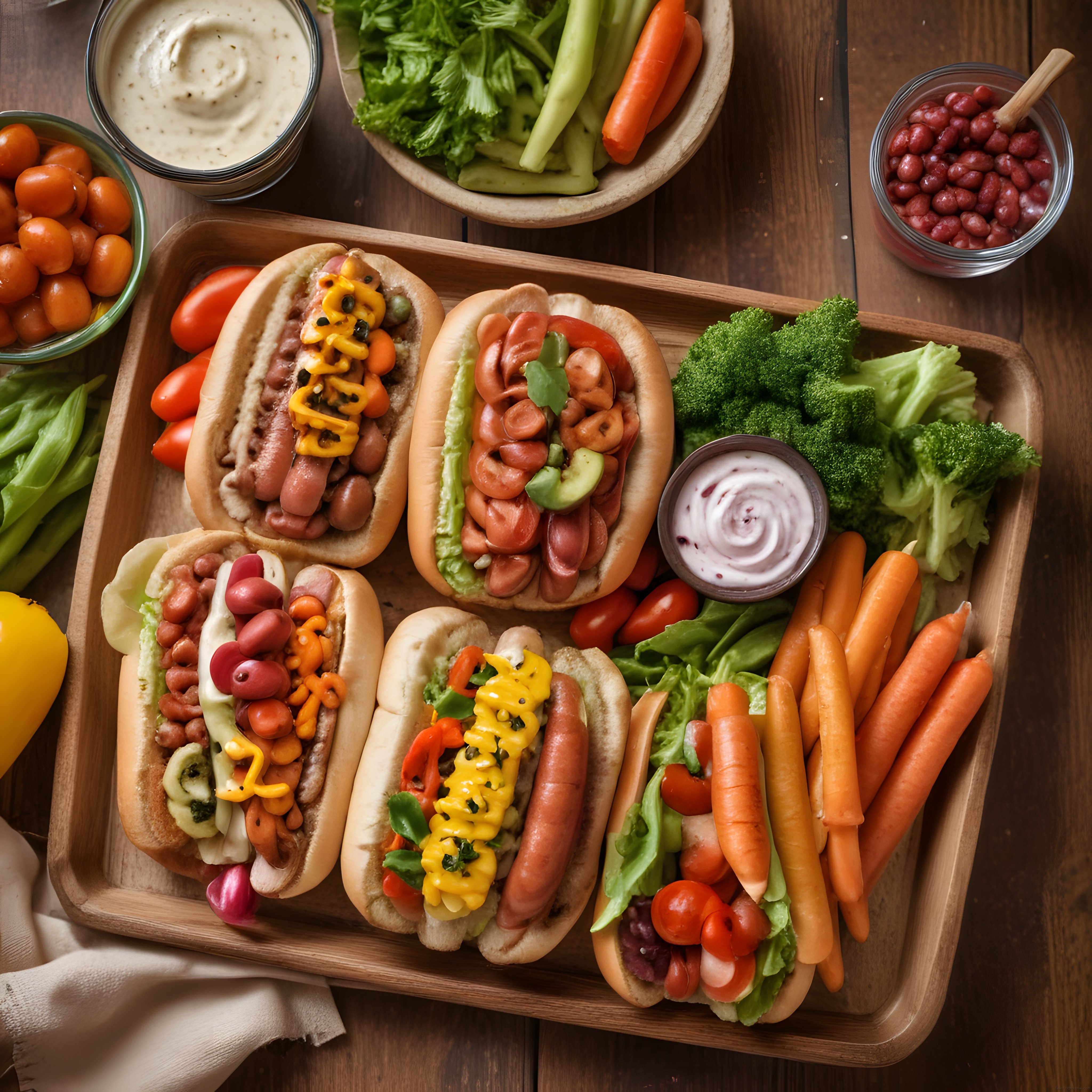 Ahşap Sunumda Renkli Soslar ve Sebzelerle Süslenmiş Hot Doglar