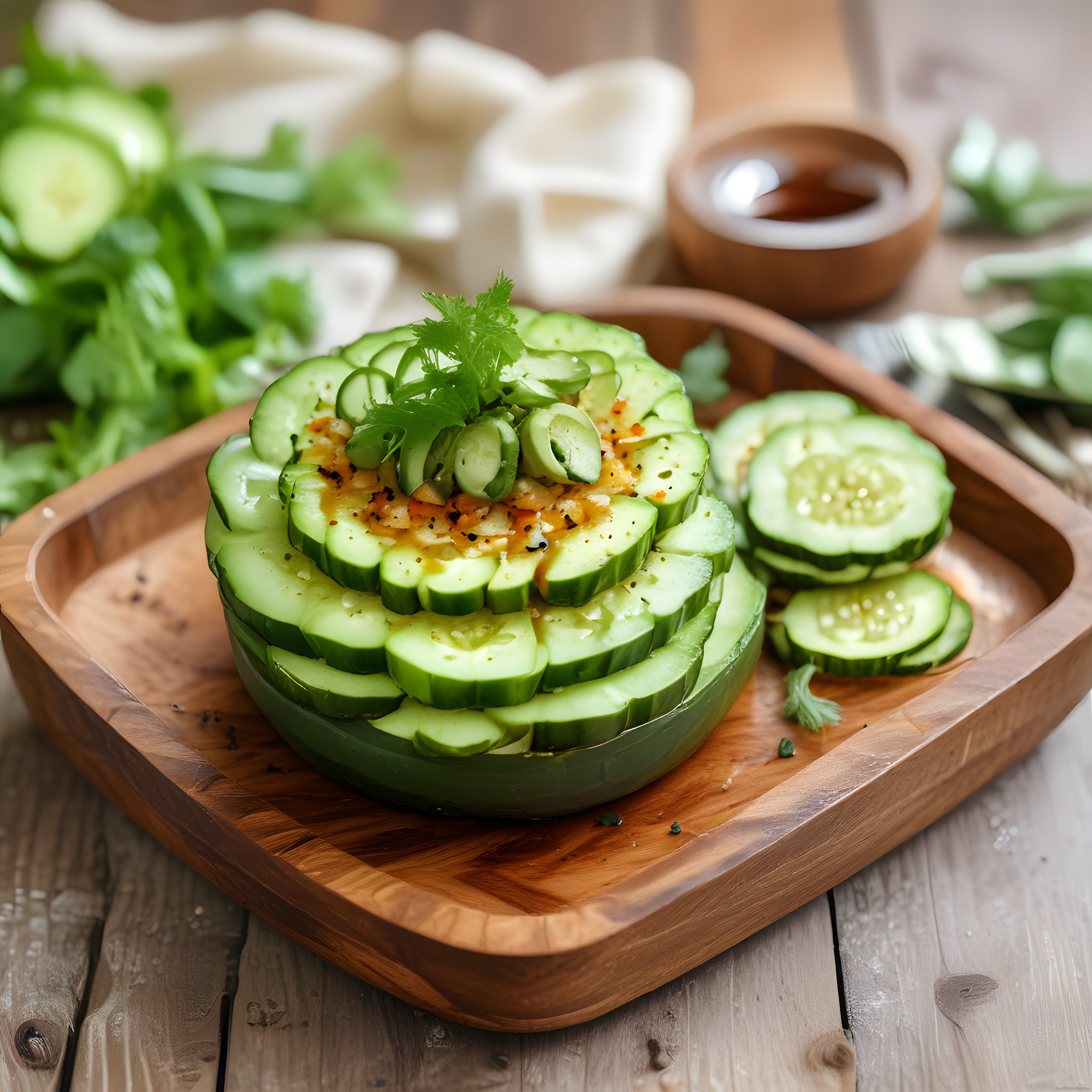 Ahşap Sunumda Salatalık Kabuğu Kasesi: Baharatlı ve Ferahlatıcı Vegan Meze