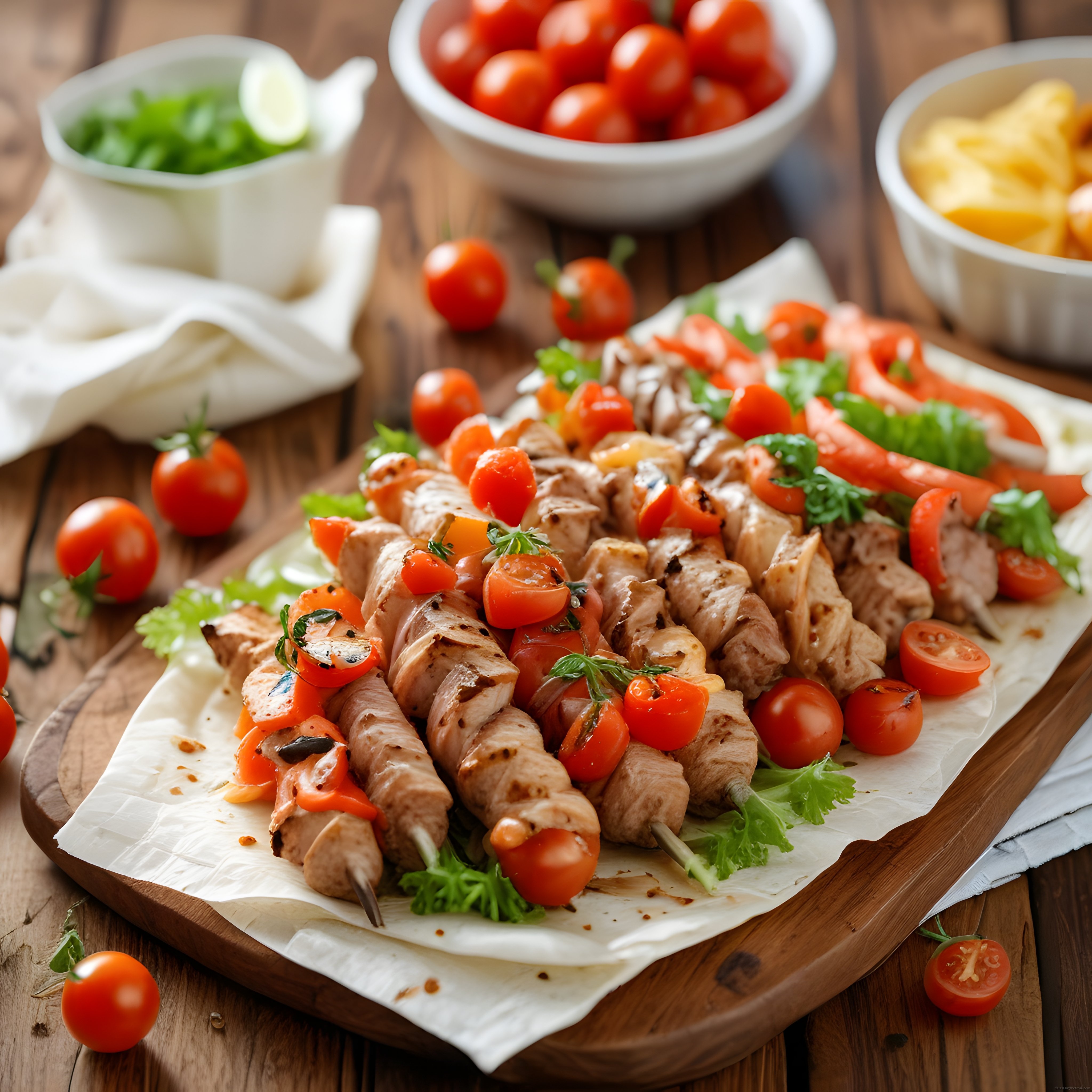 ahşap sunumda şiş kebap domates ve yeşilliklerle lezzetli ızgara keyfi