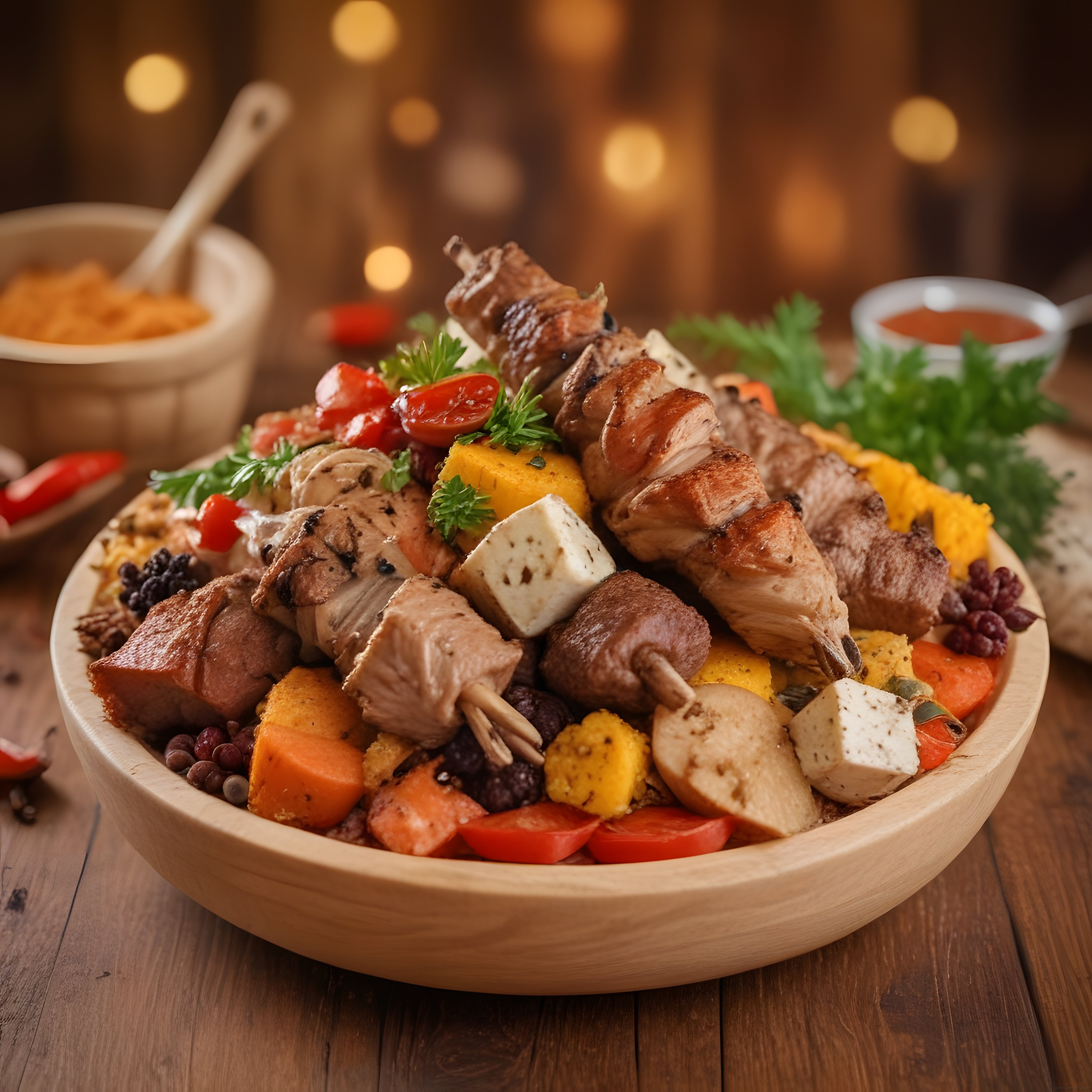 Ahşap sunumda şiş kebap ve ızgara etlerle hazırlanmış şölen tabağı