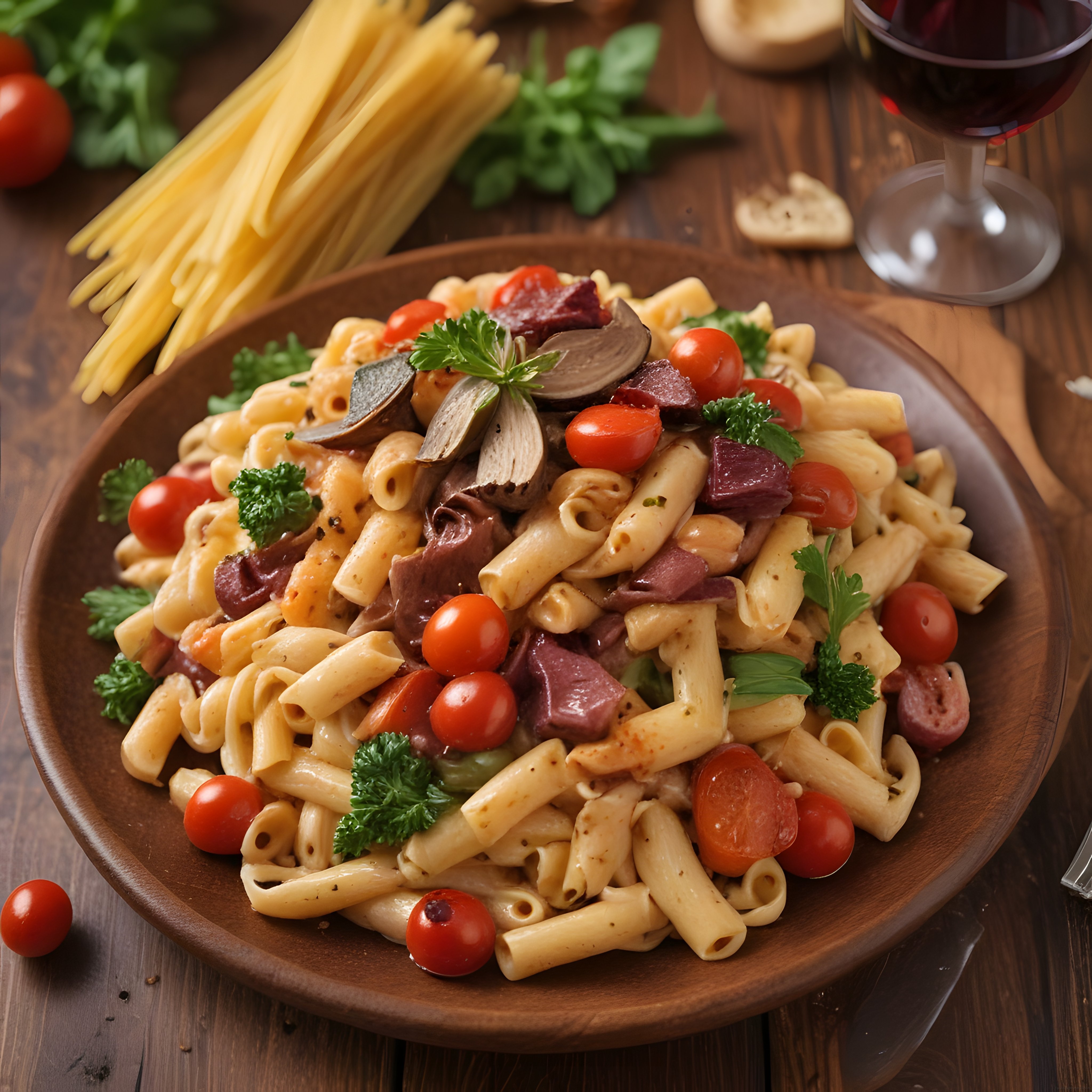 Ahşap sunumda sucuklu mantarlı penne makarna tabağı ve yanında kırmızı şarap