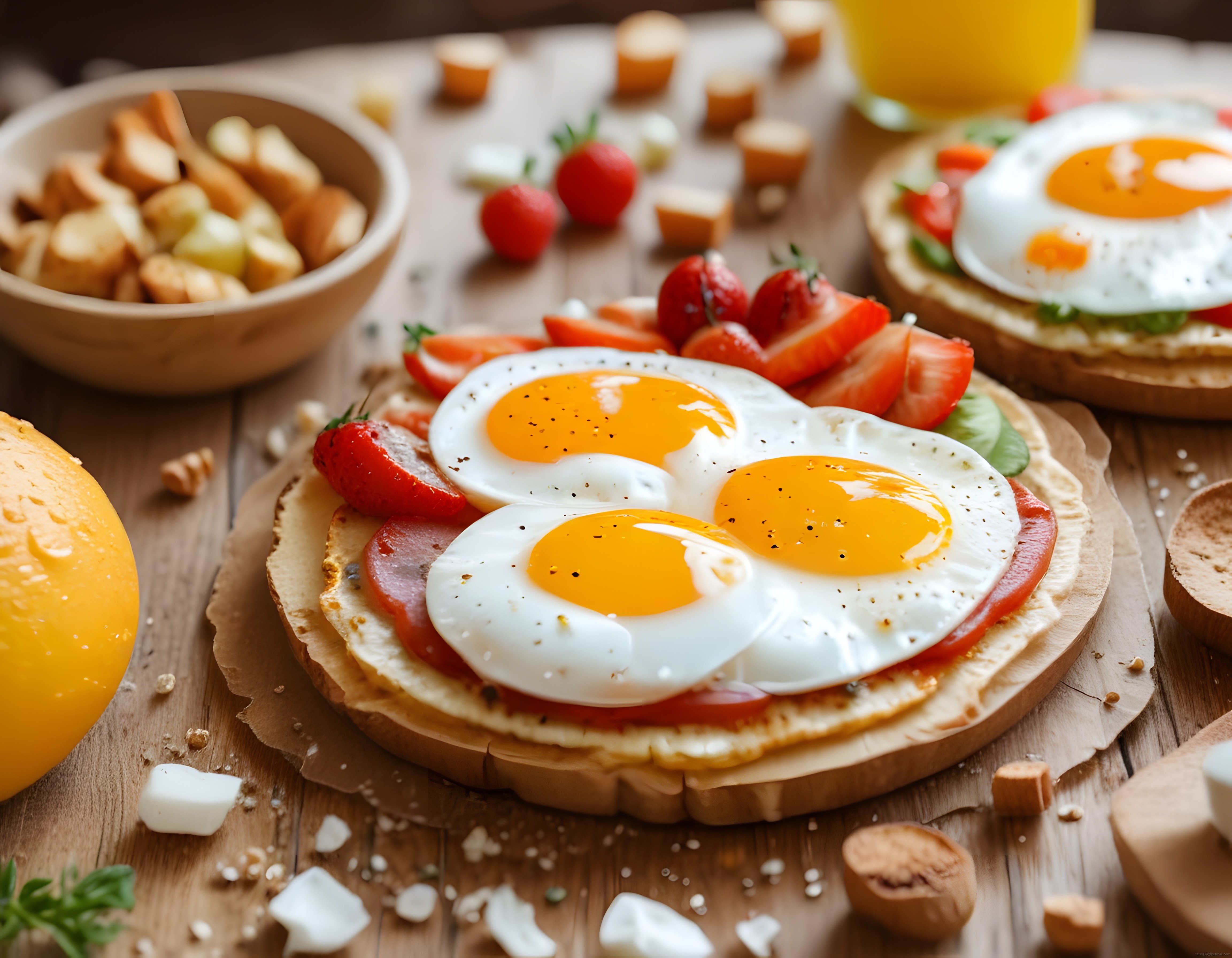 Ahşap Sunumda Sucuklu Yumurtalı Tost ve Taze Çileklerle Kahvaltı Keyfi