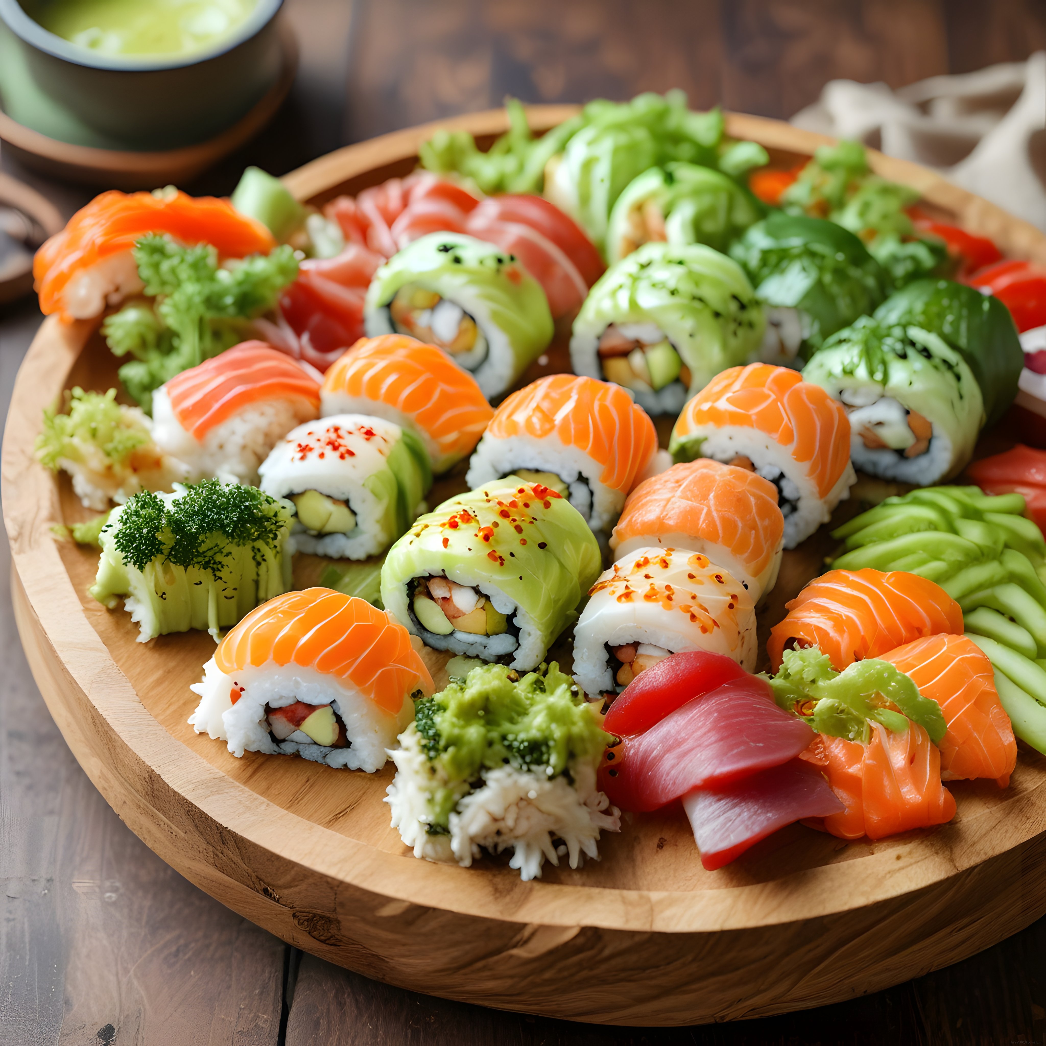 Ahşap Sunumda Sushi Çeşitleri: Somon, Avokado ve Ton Balığı