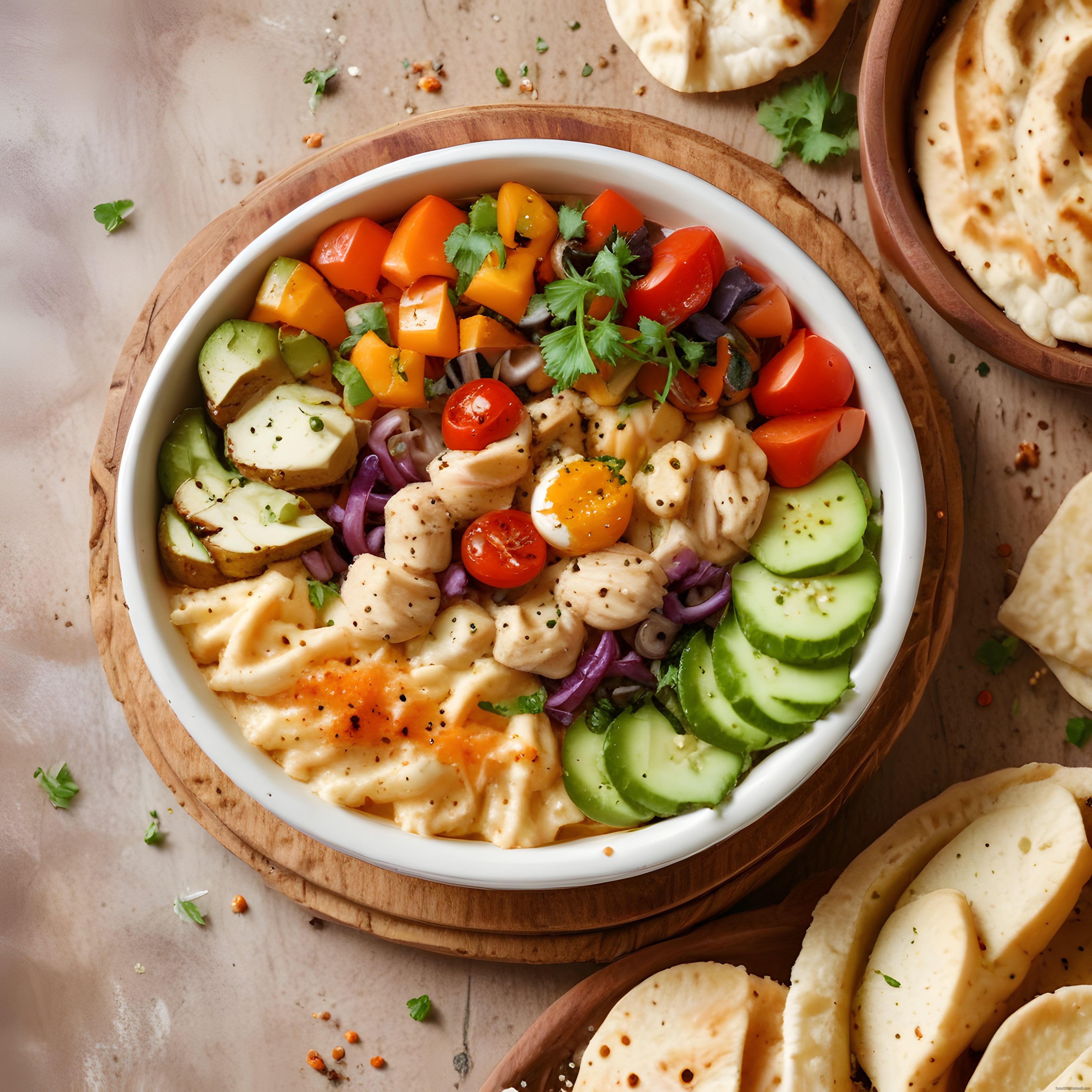 Ahşap Sunumda Tavuklu Avokadolu Renkli Protein Bowl ve Taze Lavaş Ekmeği