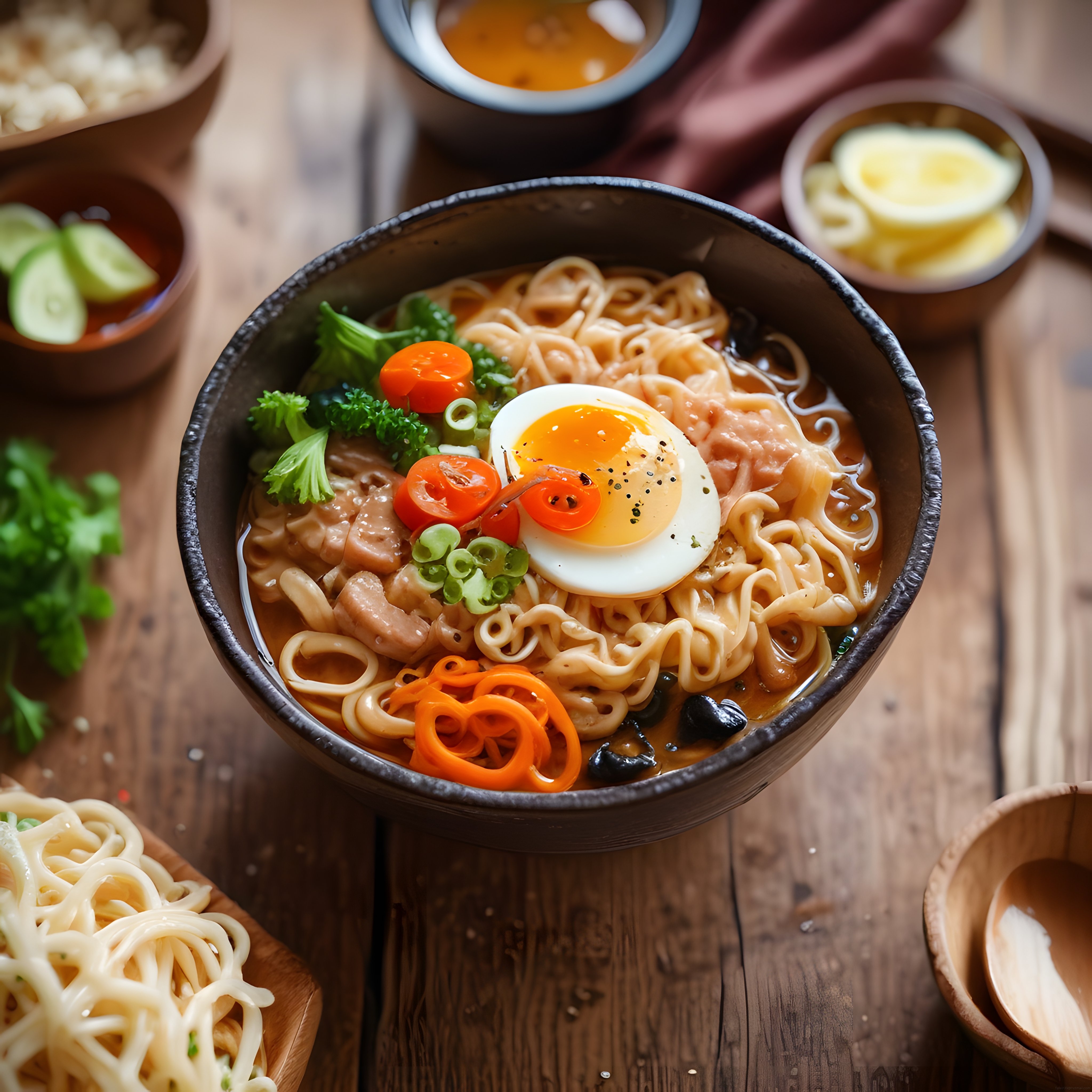Ahşap Sunumda Tavuklu Noodle Çorbası: Yumurta, Brokoli ve Taze Sebzeler