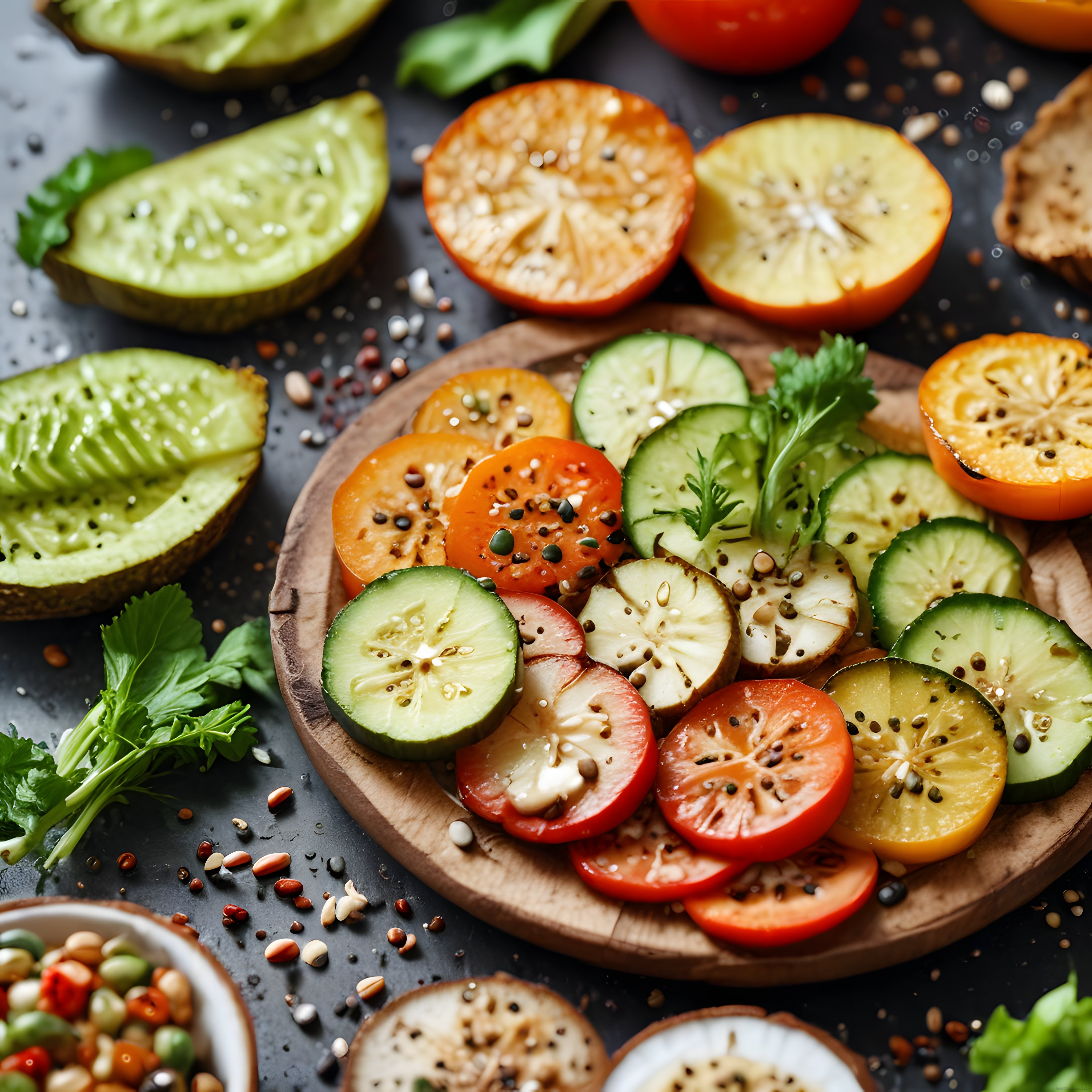 Ahşap Sunumda Taze Domates Salatalık Avokado ve Baharatlarla Renkli Salata