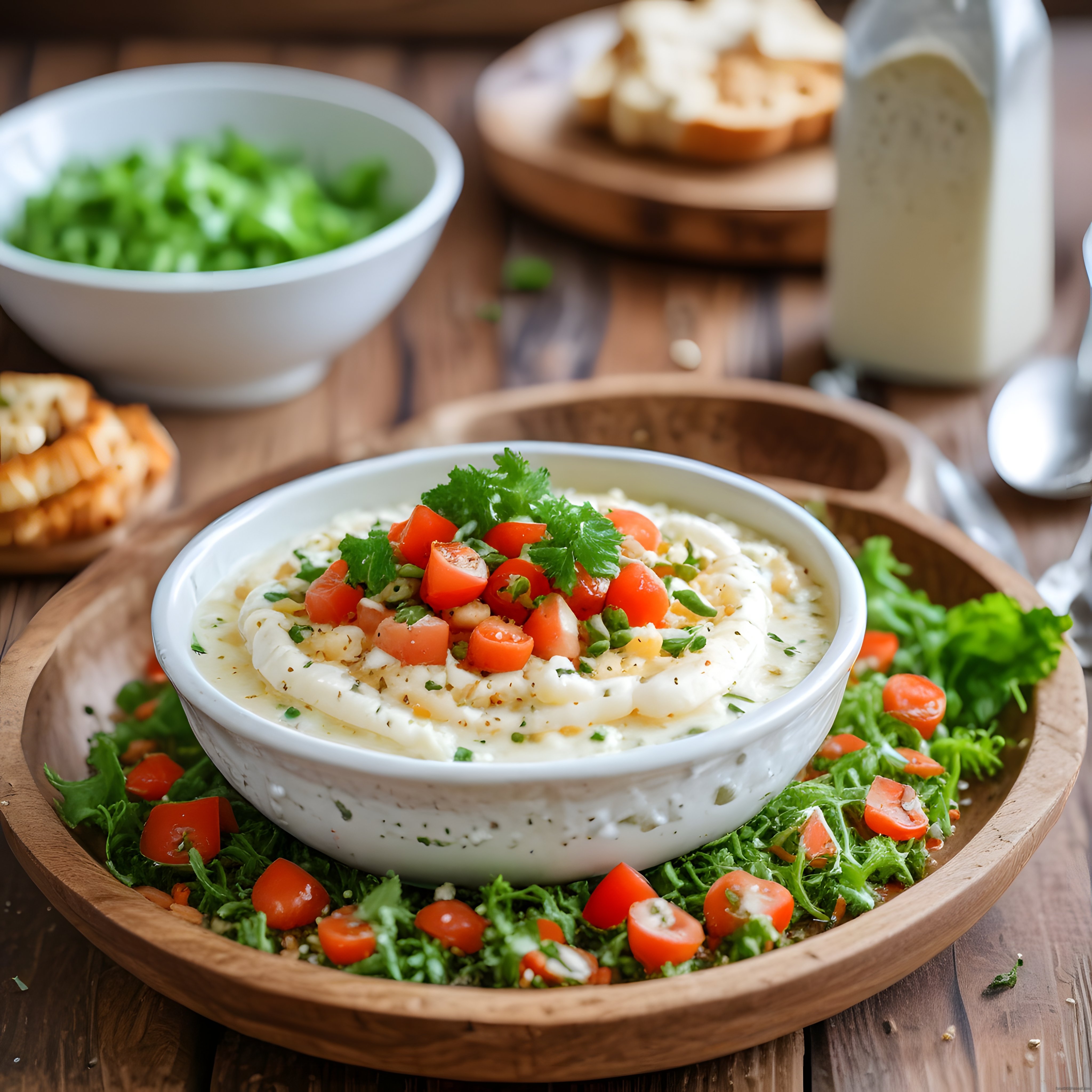 Ahşap Sunumda Taze Domates ve Otlarla Süslenmiş Kremalı Peynir Mezesi