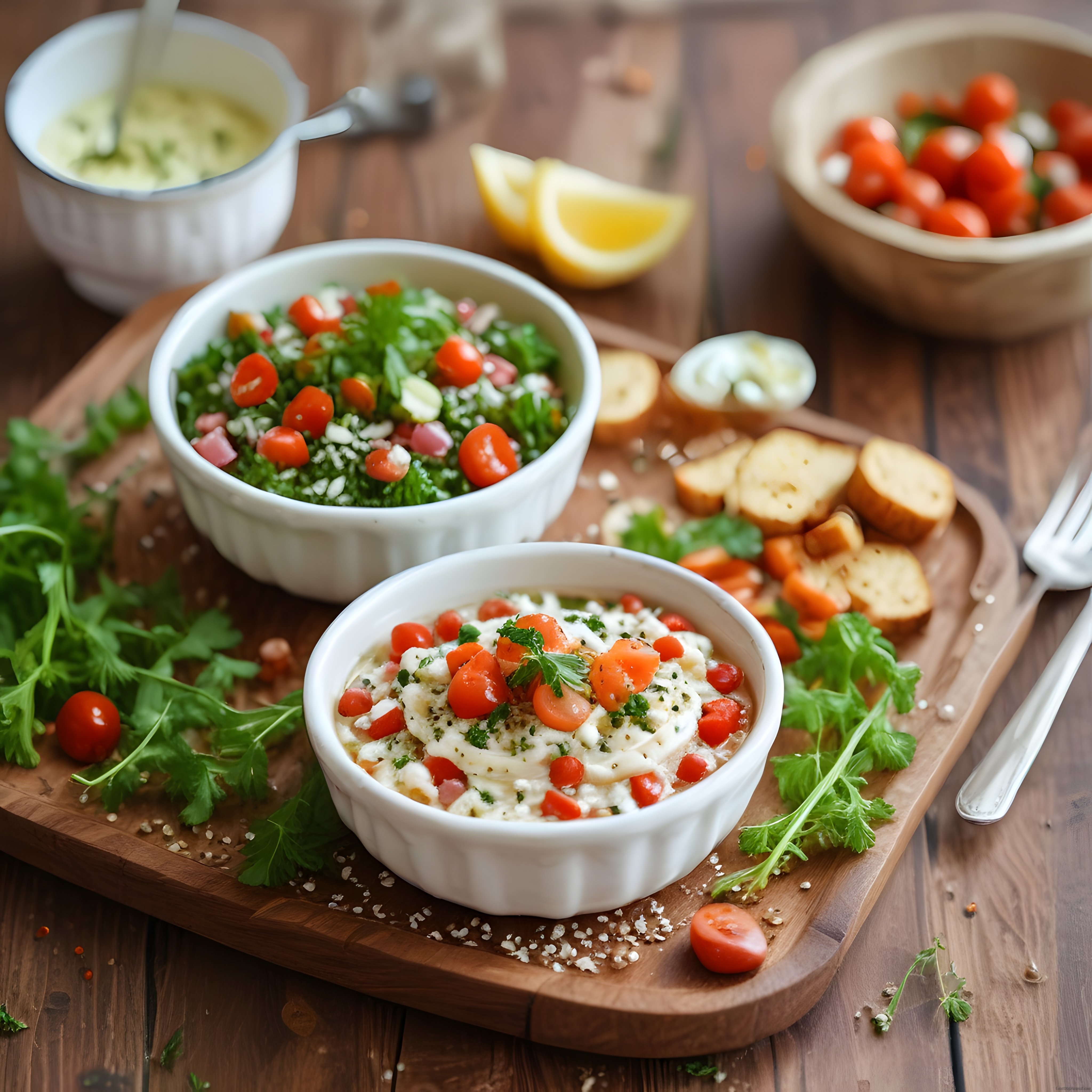 Ahşap Sunumda Taze Kahvaltılık Meze: Lor Peynirli Sos ve Domatesli Salsa