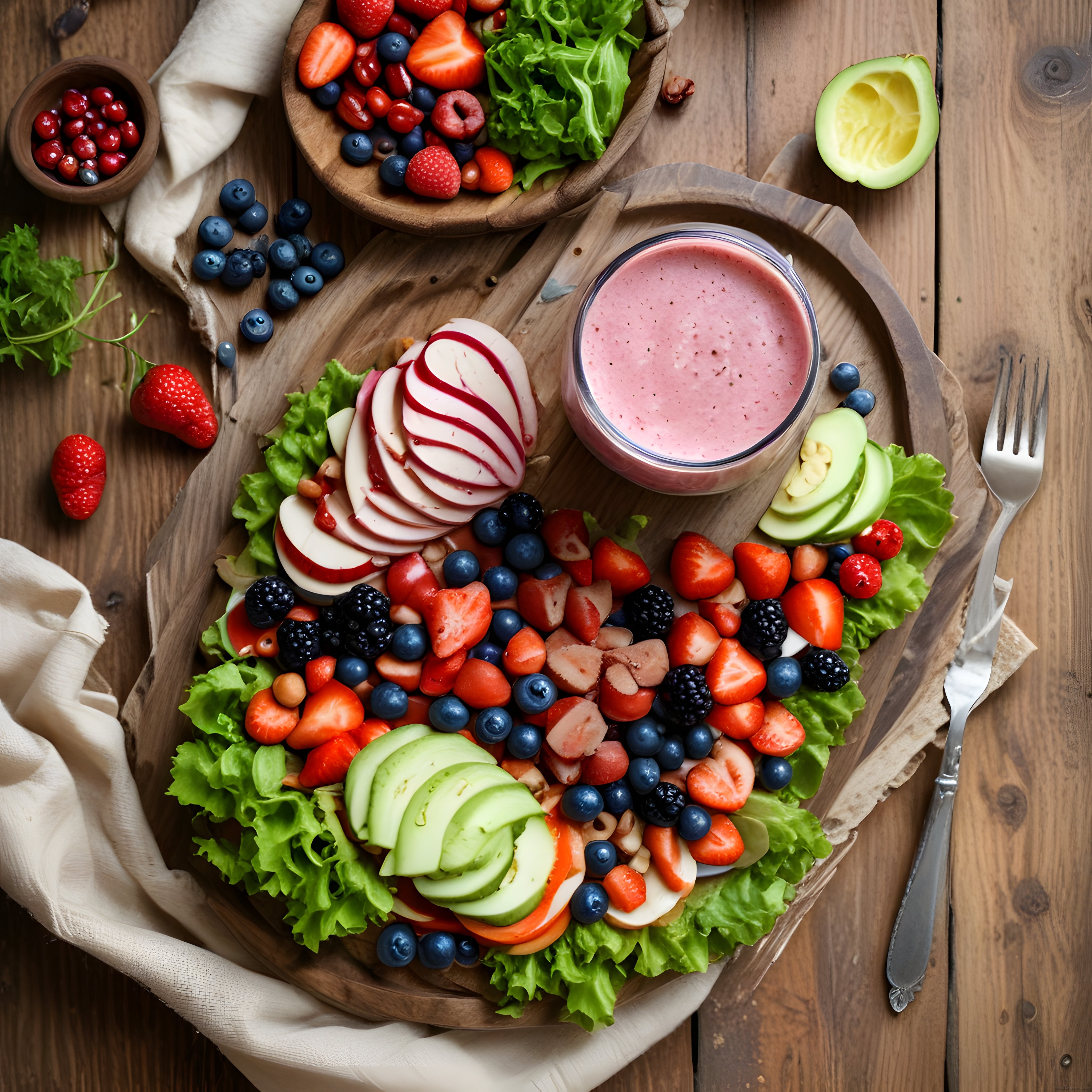 Ahşap Sunumda Taze Meyveli Kahvaltı Tabağı ve Yaban Mersini Smoothie
