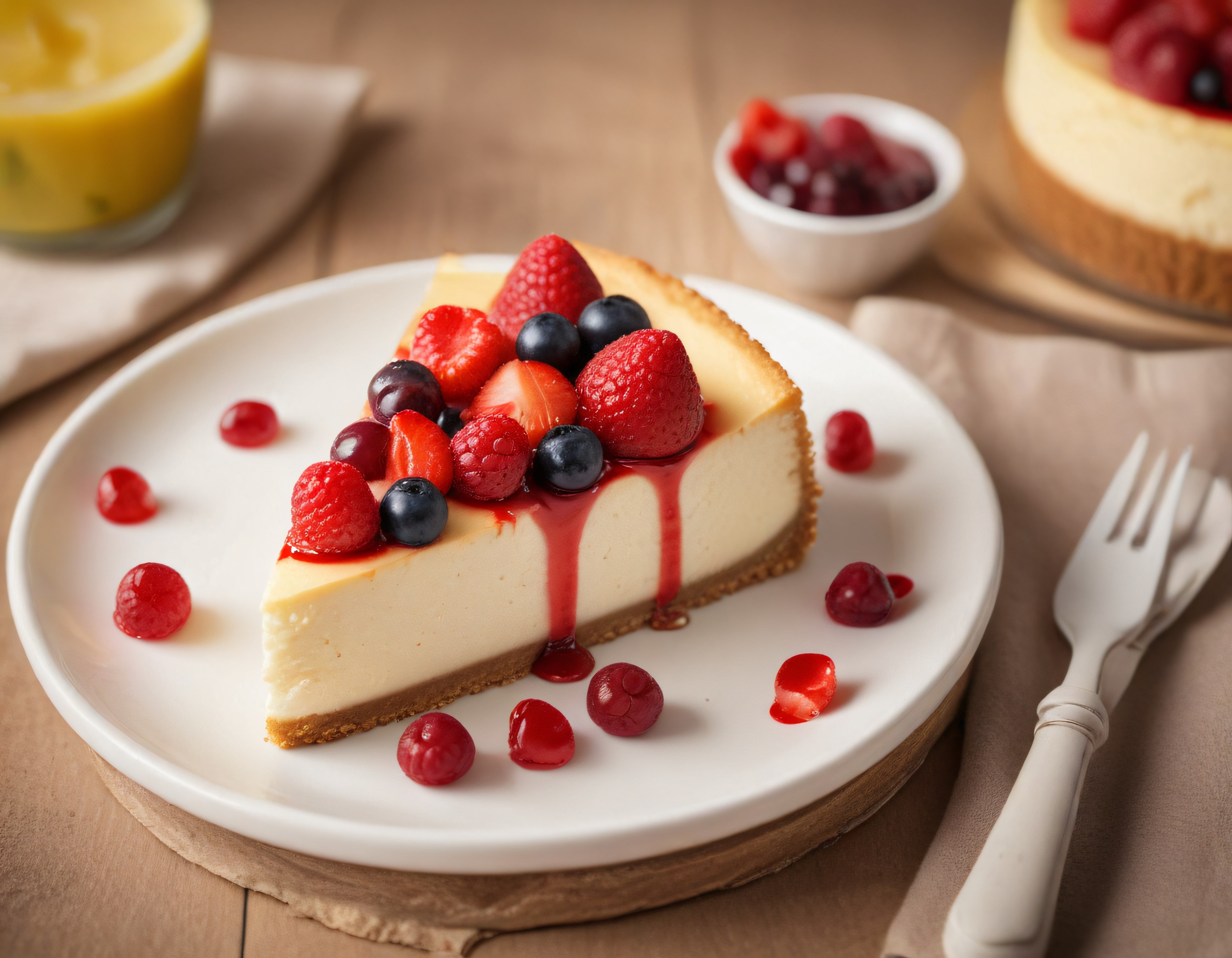 Ahşap Sunumda Taze Orman Meyveli ve Çilek Soslu Kremalı Cheesecake Dilimi