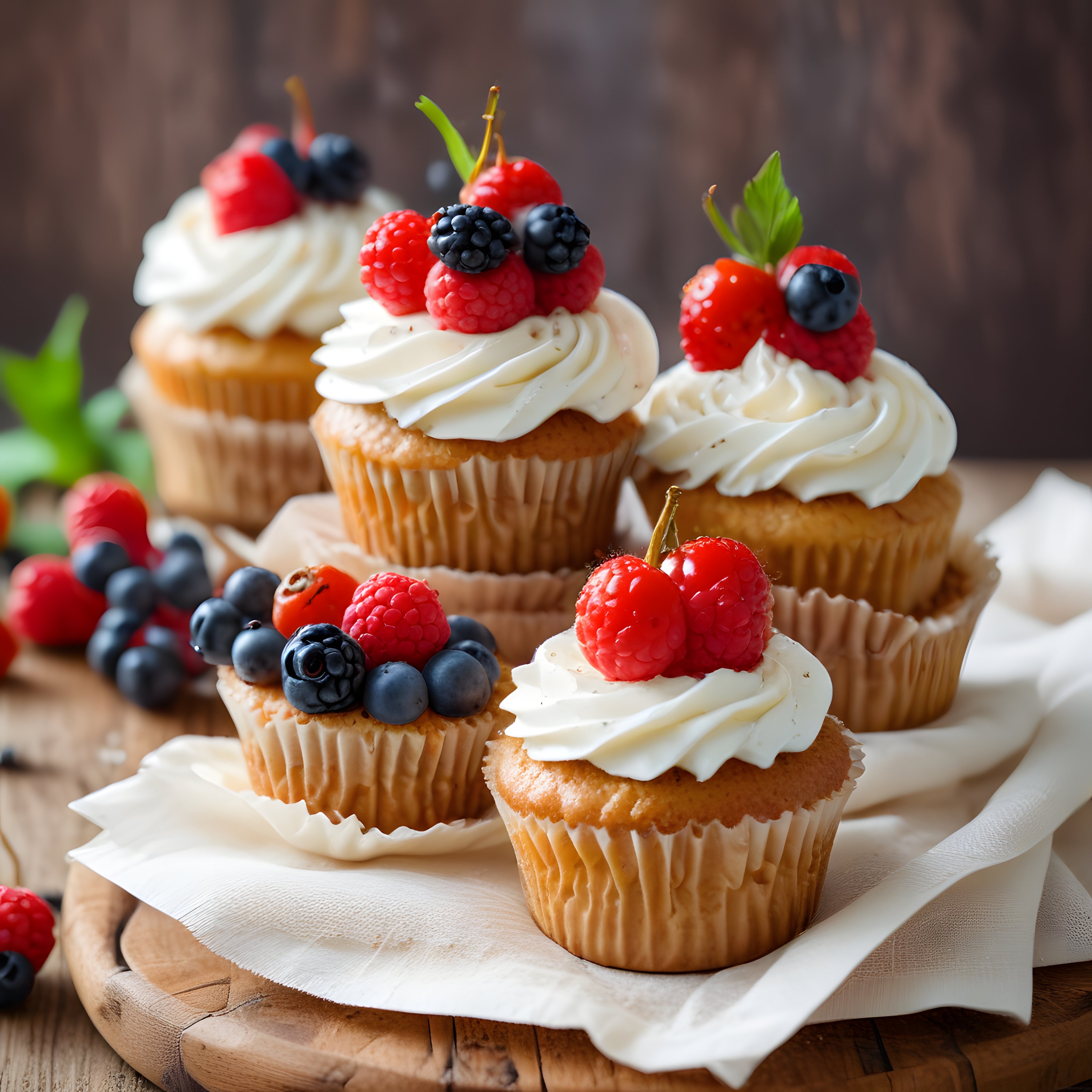 Ahşap Sunumda Taze Orman Meyveli ve Kremalı Ev Yapımı Cupcake'ler