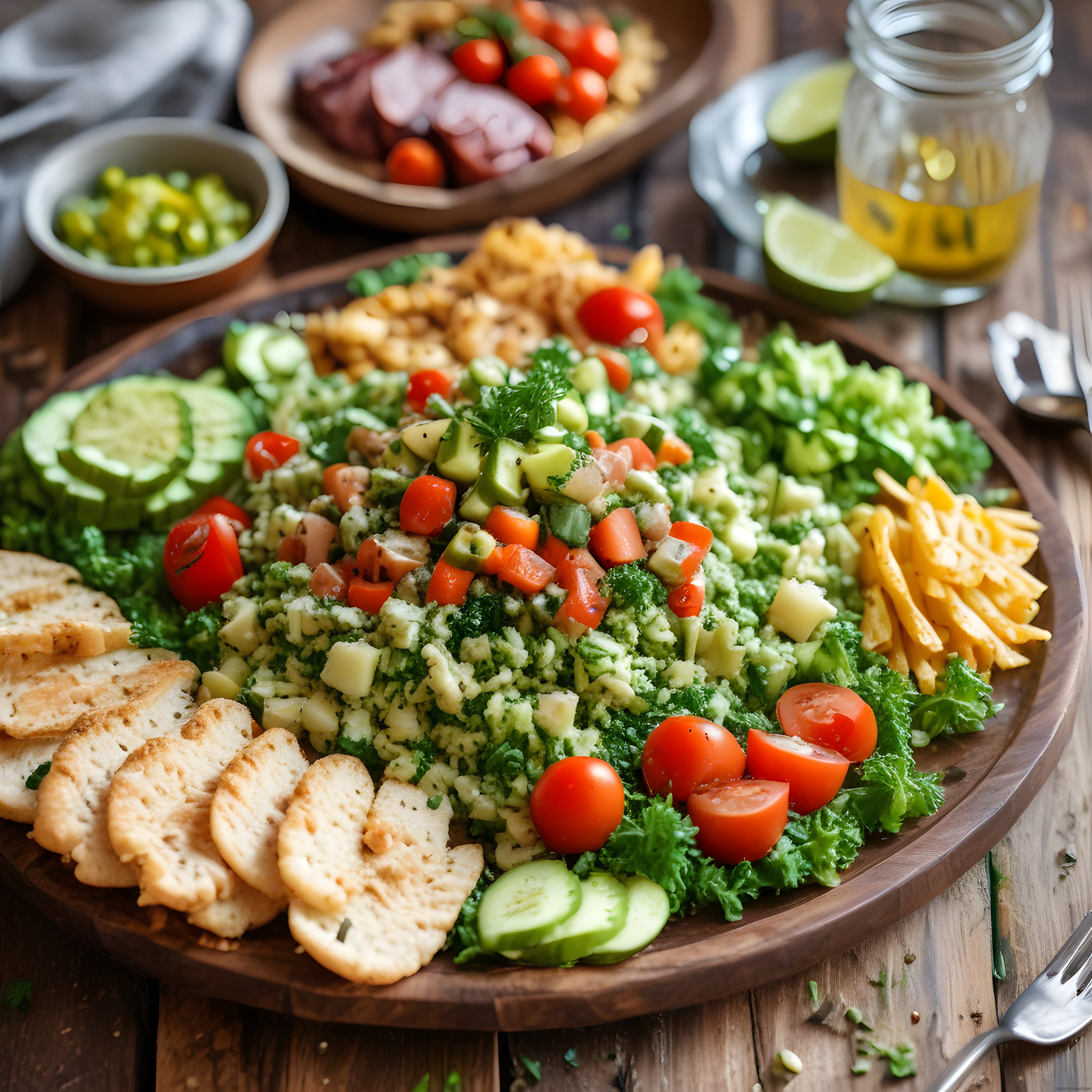 Ahşap Sunumda Taze Sebzeli Avokadolu Kahvaltı ve Brunch Tabağı
