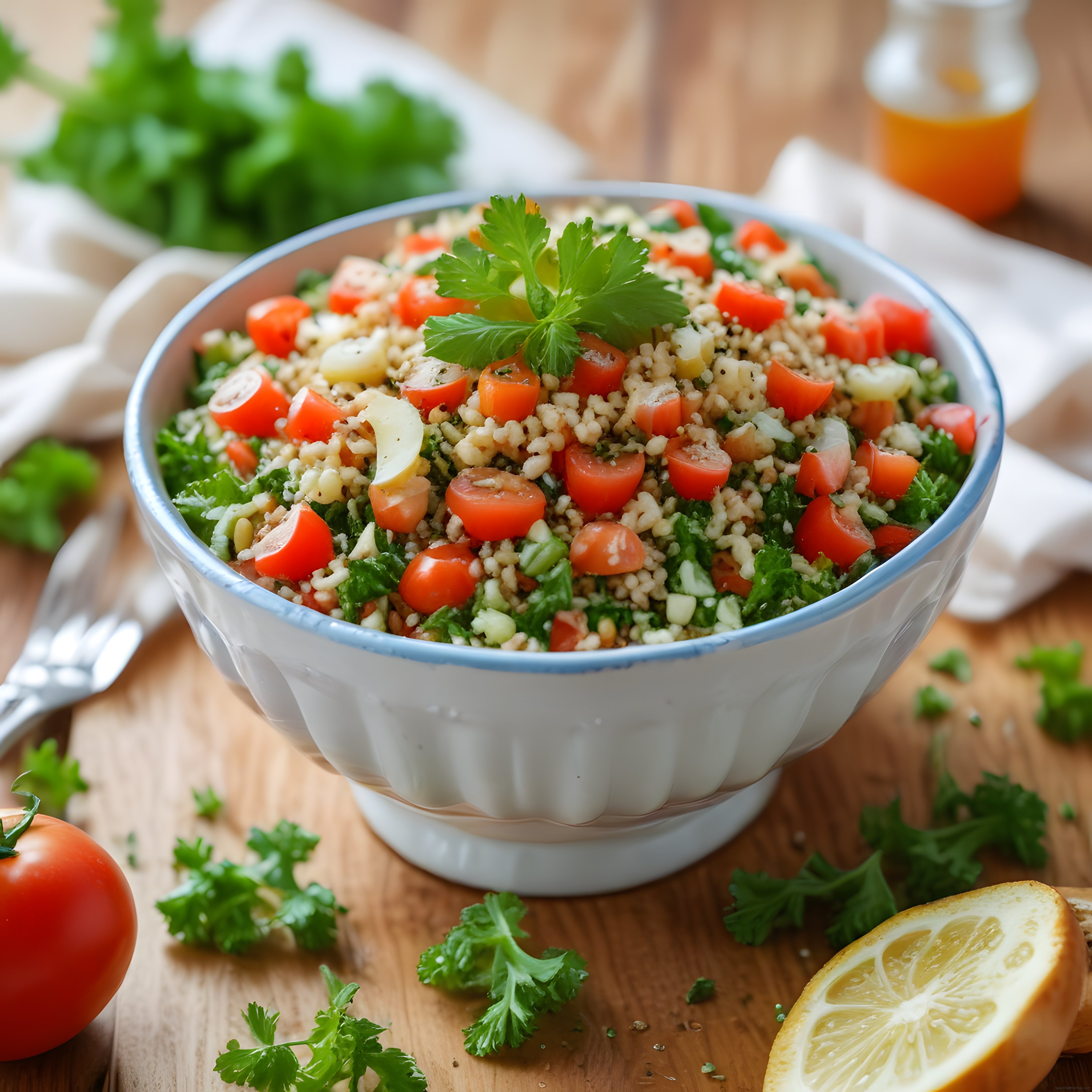 Ahşap Sunumda Taze Sebzeli Bulgur Salatası ve Limon Sosu ile Sağlıklı Tarif
