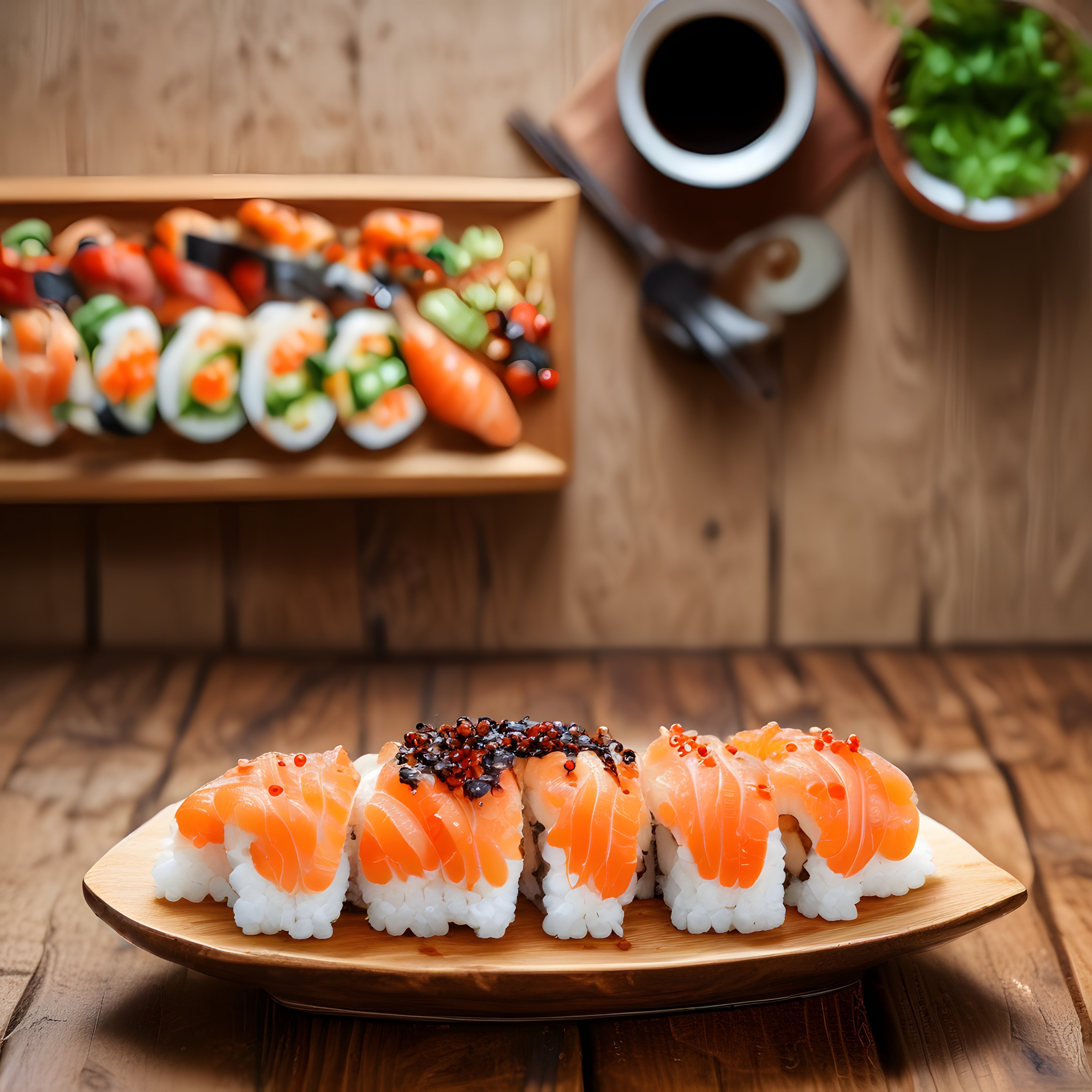Ahşap sunumda taze somon nigiri sushi çeşitleri ve arka planda renkli makiler