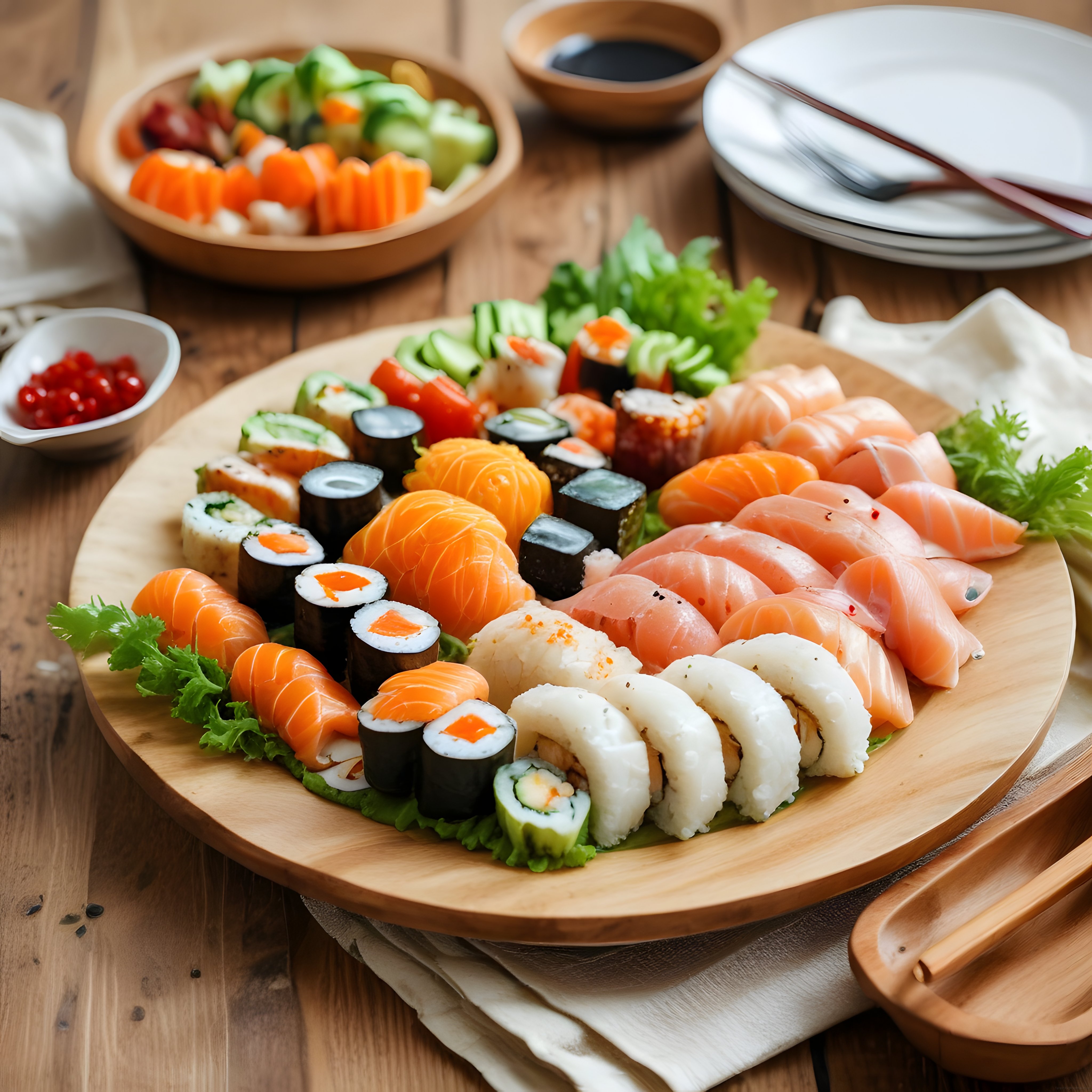 Ahşap sunumda taze somon nigiri ve çeşitli sushi rolları ile Japon lezzetleri
