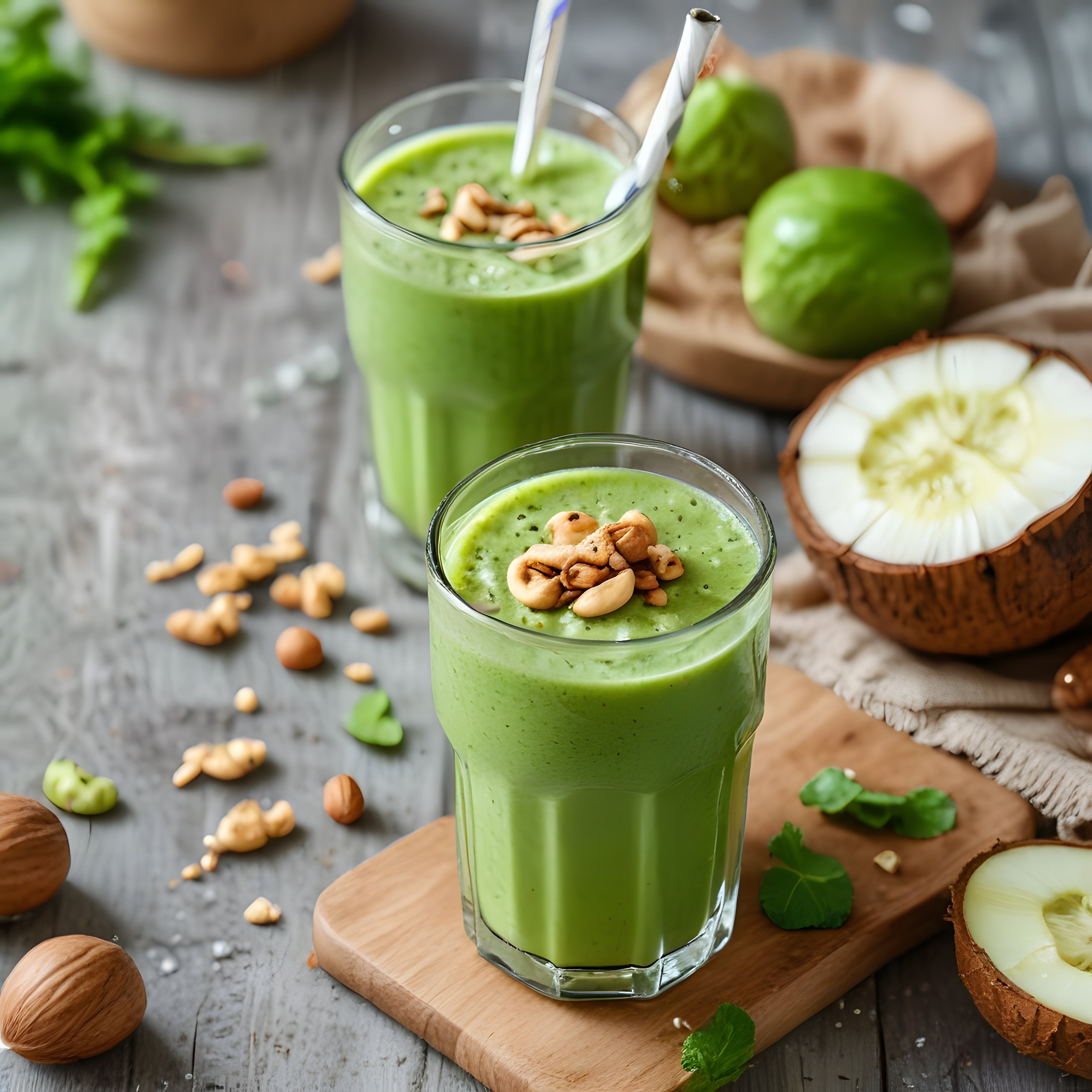 Ahşap Sunumda Taze Yeşil Elmalı Hindistan Cevizli Sağlıklı Smoothie İçeceği