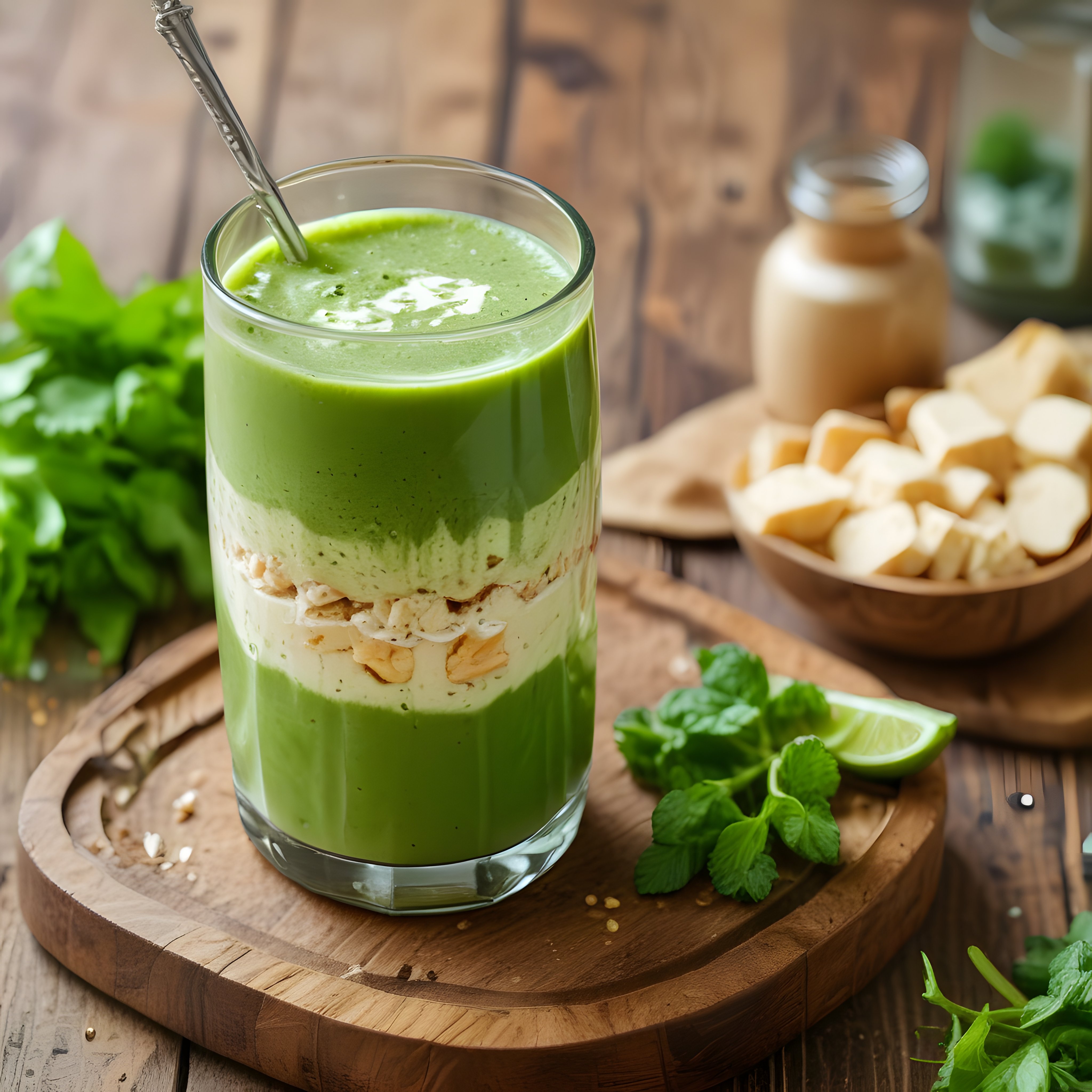 Ahşap Sunumda Taze Yeşil Smoothie: Muz ve Nane ile Katmanlı Detoks İçeceği