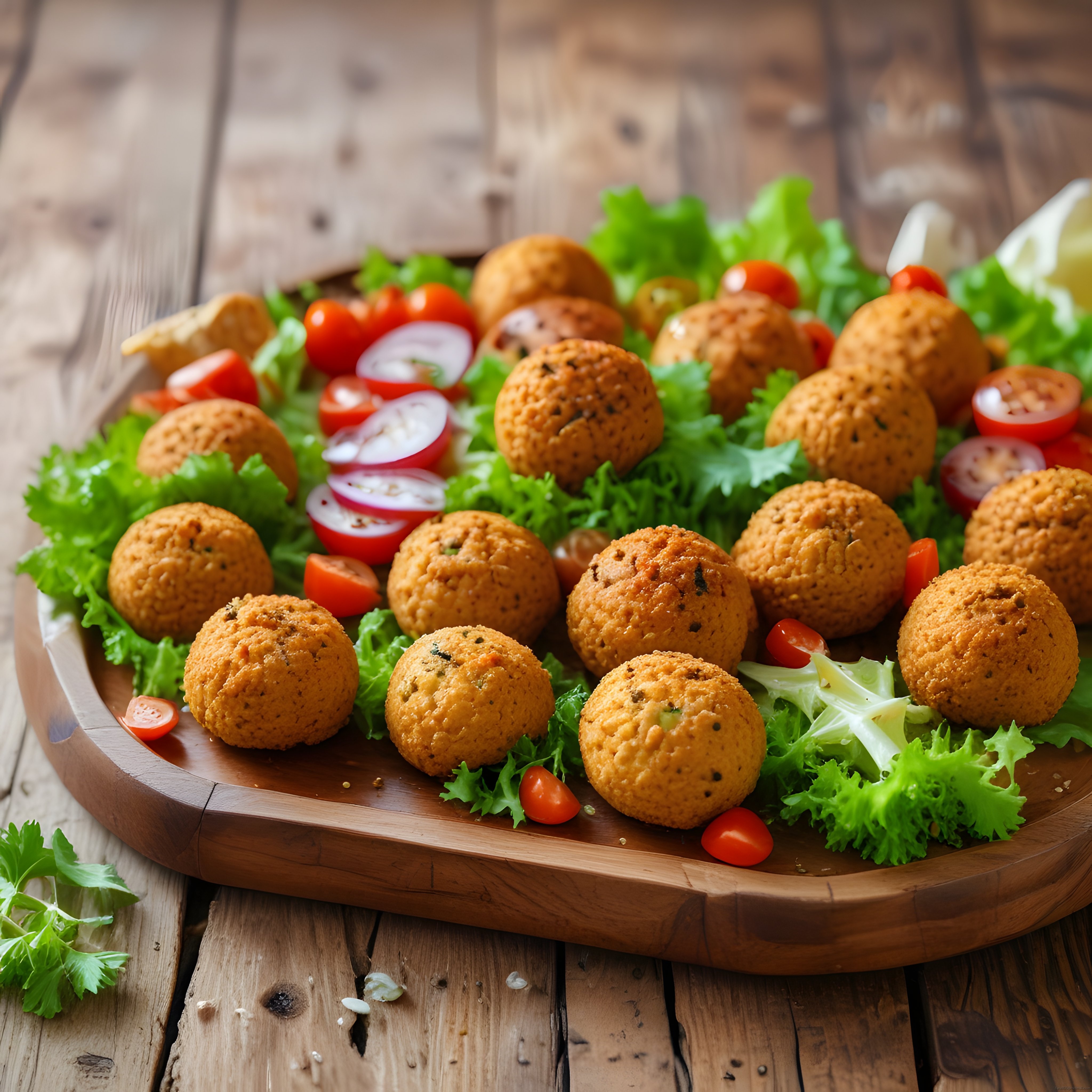 Ahşap Sunumda Taze Yeşillikler ve Domatesle Servis Edilen Falafel Topları