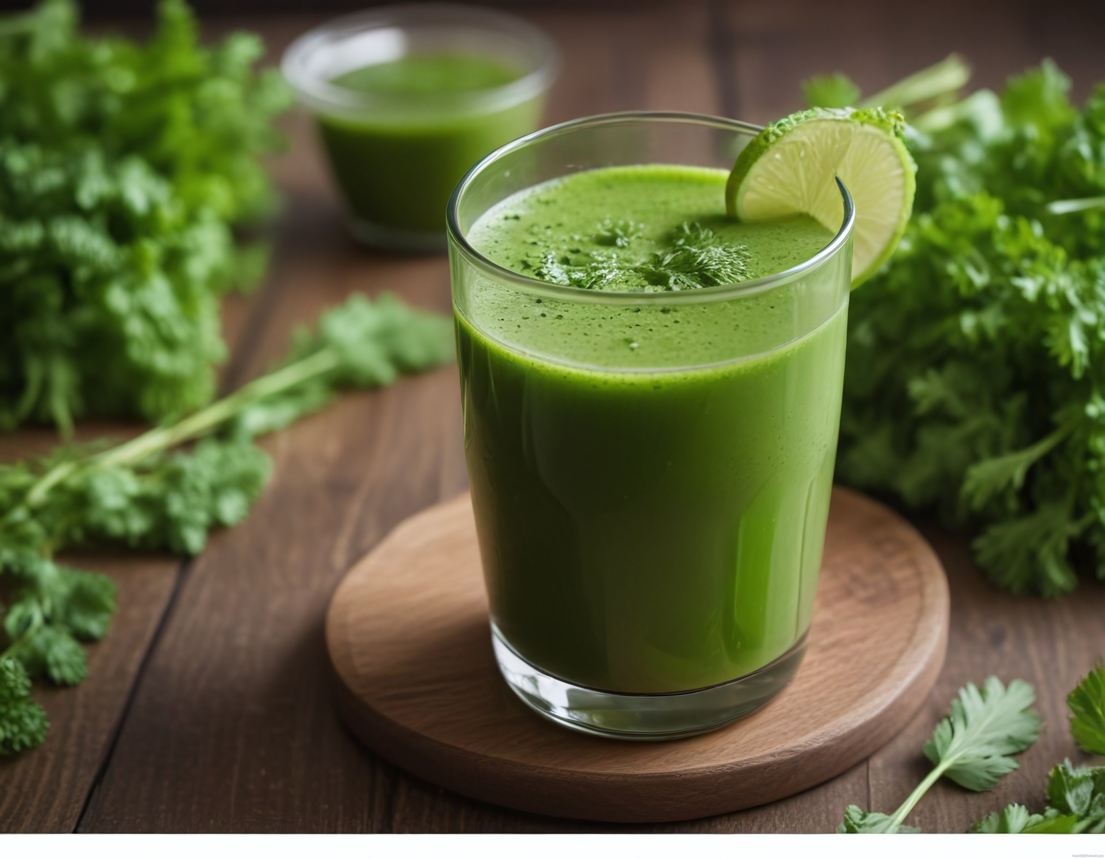Ahşap sunumda taze yeşilliklerle süslenmiş limonlu yeşil smoothie