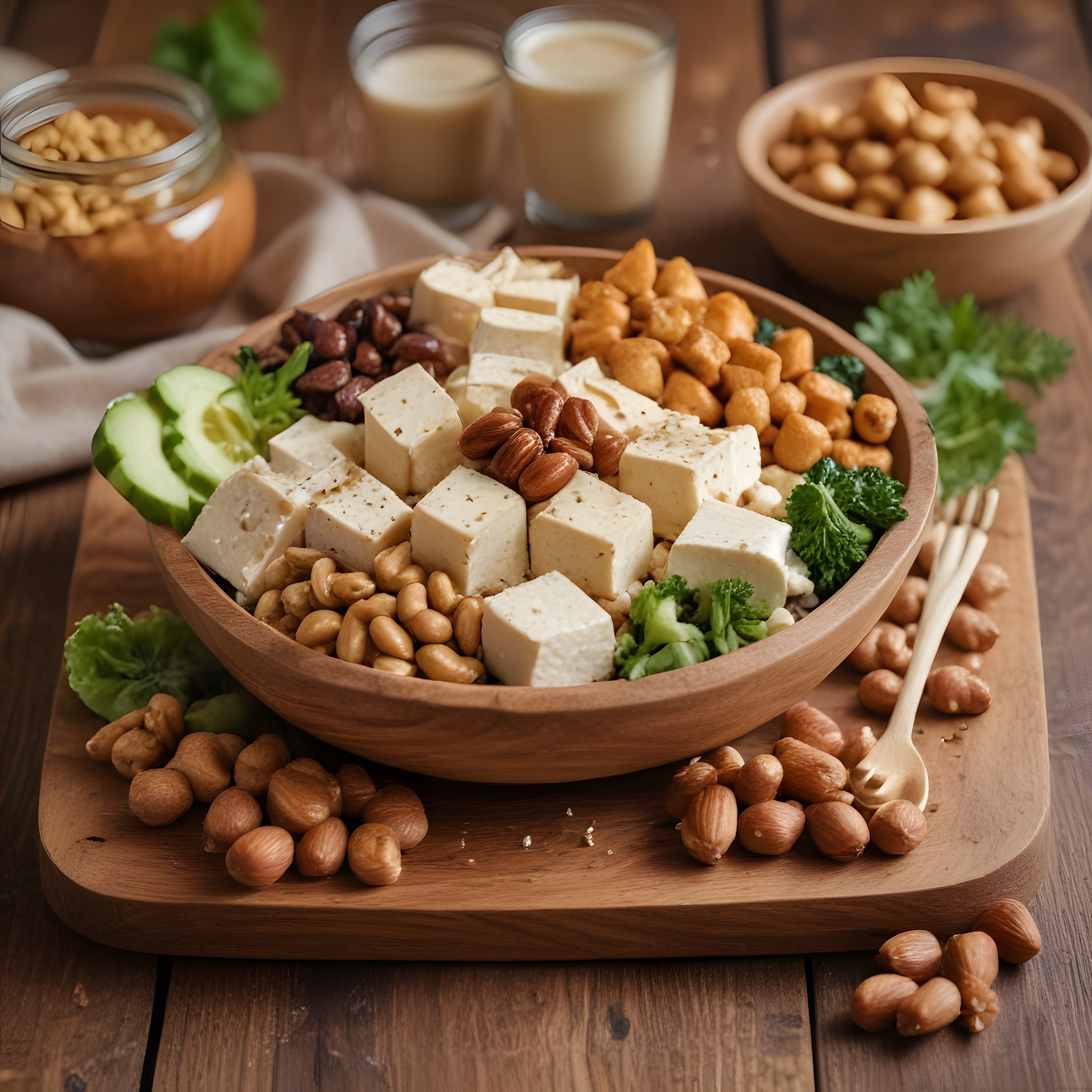 Ahşap Sunumda Tofu, Avokado ve Kuruyemişli Sağlıklı Vegan Protein Kasesi