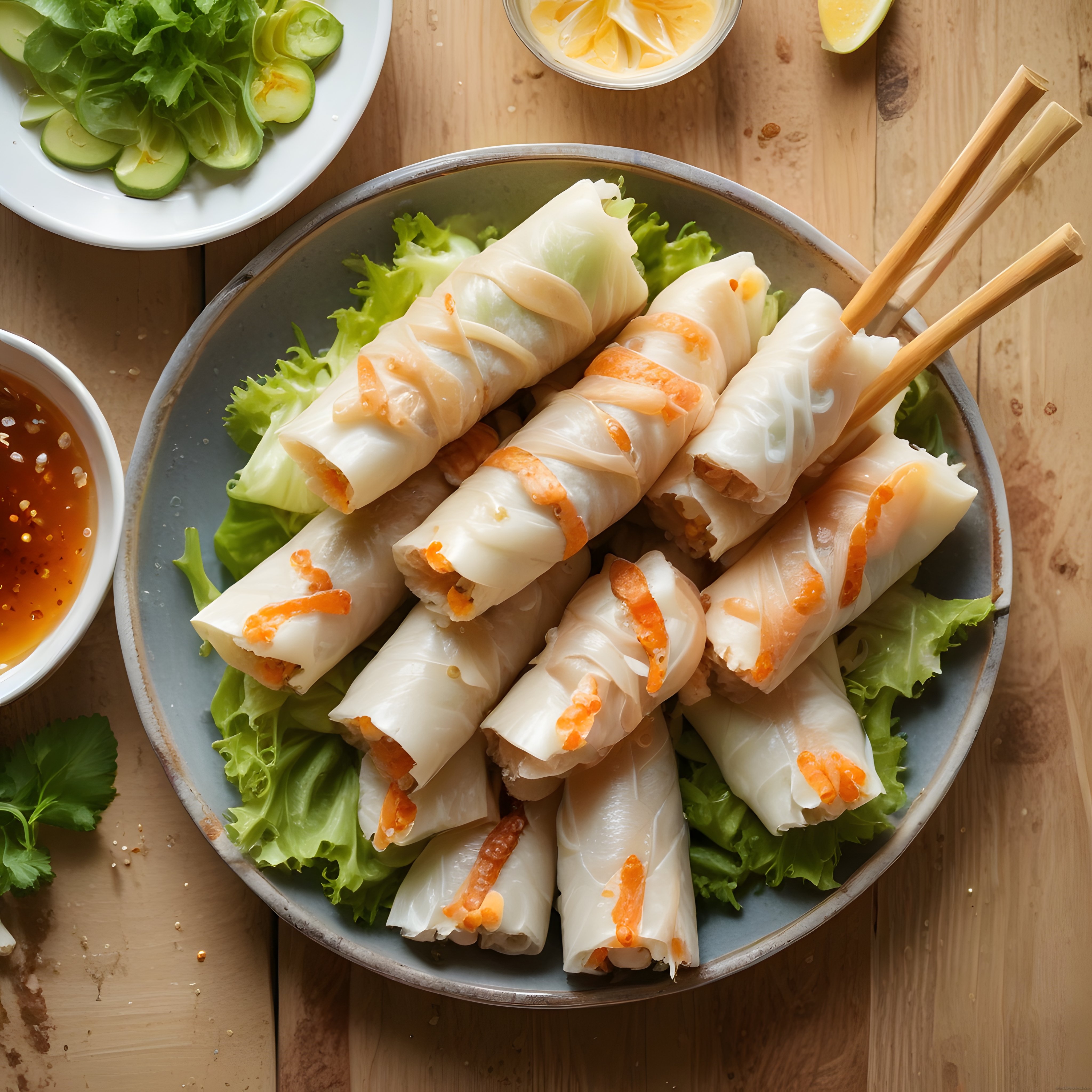 Ahşap Sunumda Vietnam Spring Roll: Karidesli Taze Rulo, Dip Sosu ve Sebzeler