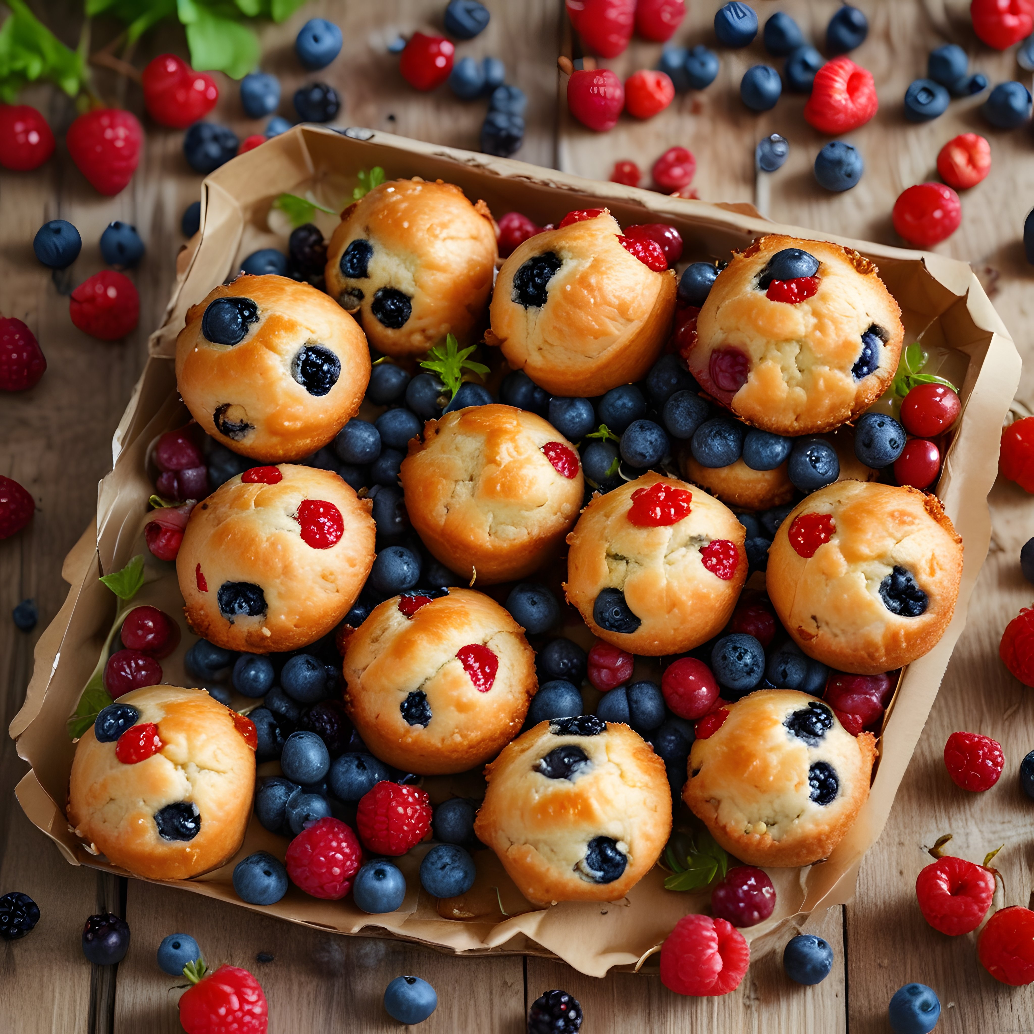 Ahşap Sunumda Yaban Mersinli Muffinler ve Taze Orman Meyveleri