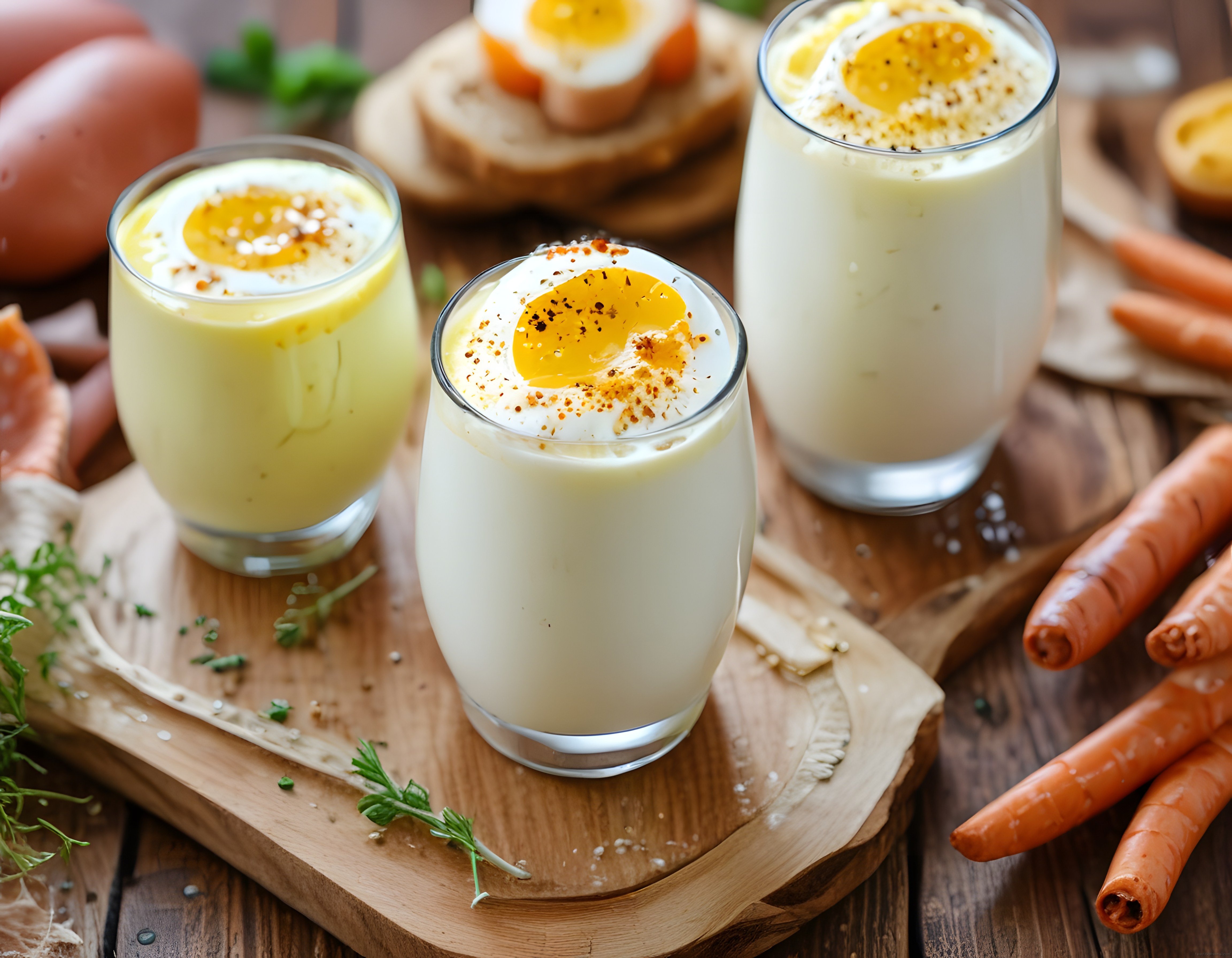 Ahşap Sunumda Yumurtalı İçecek ve Taze Yeşilliklerle Kahvaltı Keyfi