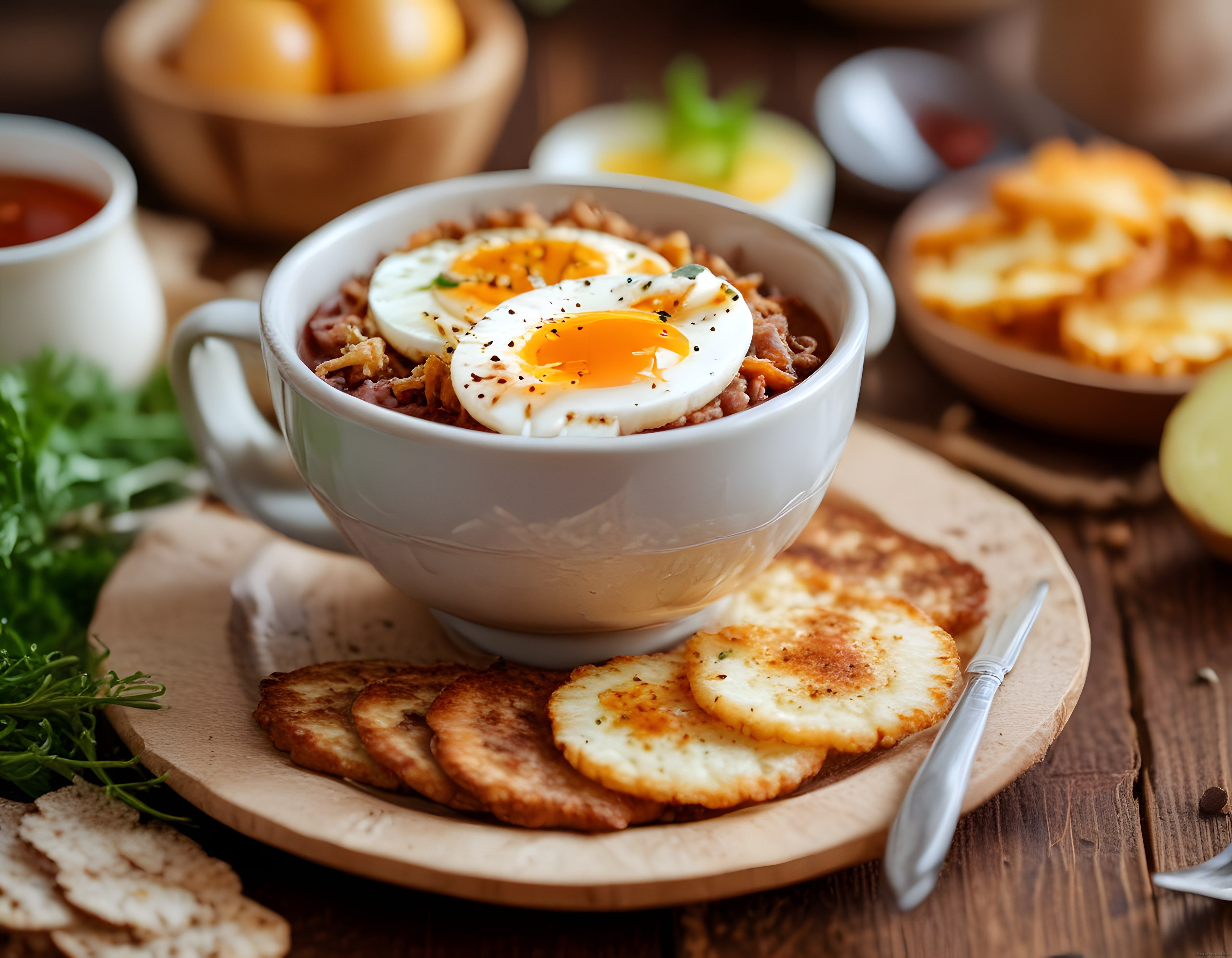 Ahşap sunumda yumurtalı kahvaltı kasesi ve kızarmış peynir dilimleri