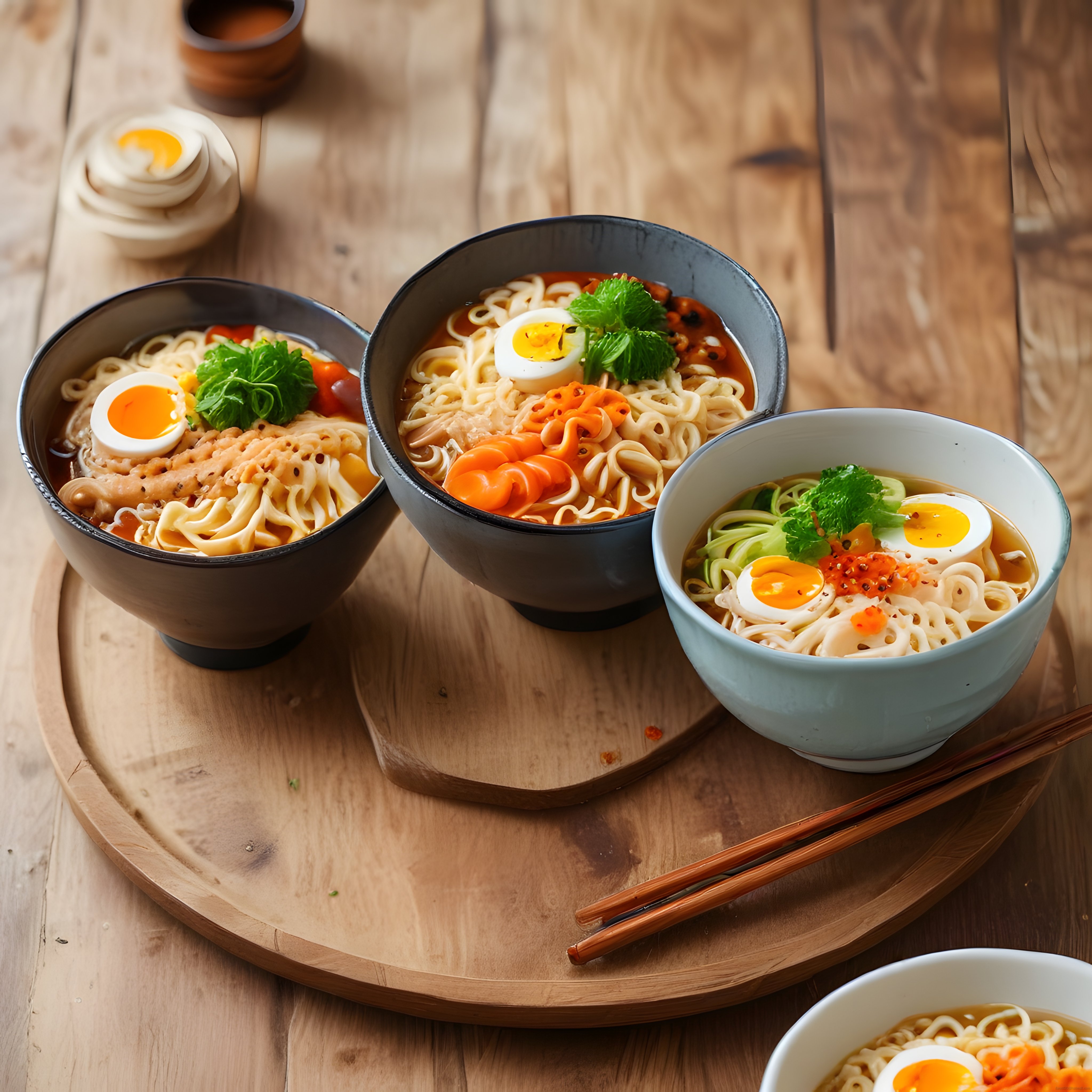 Ahşap sunumda yumurtalı sebzeli üç kase ramen ve asya mutfağı çubukları