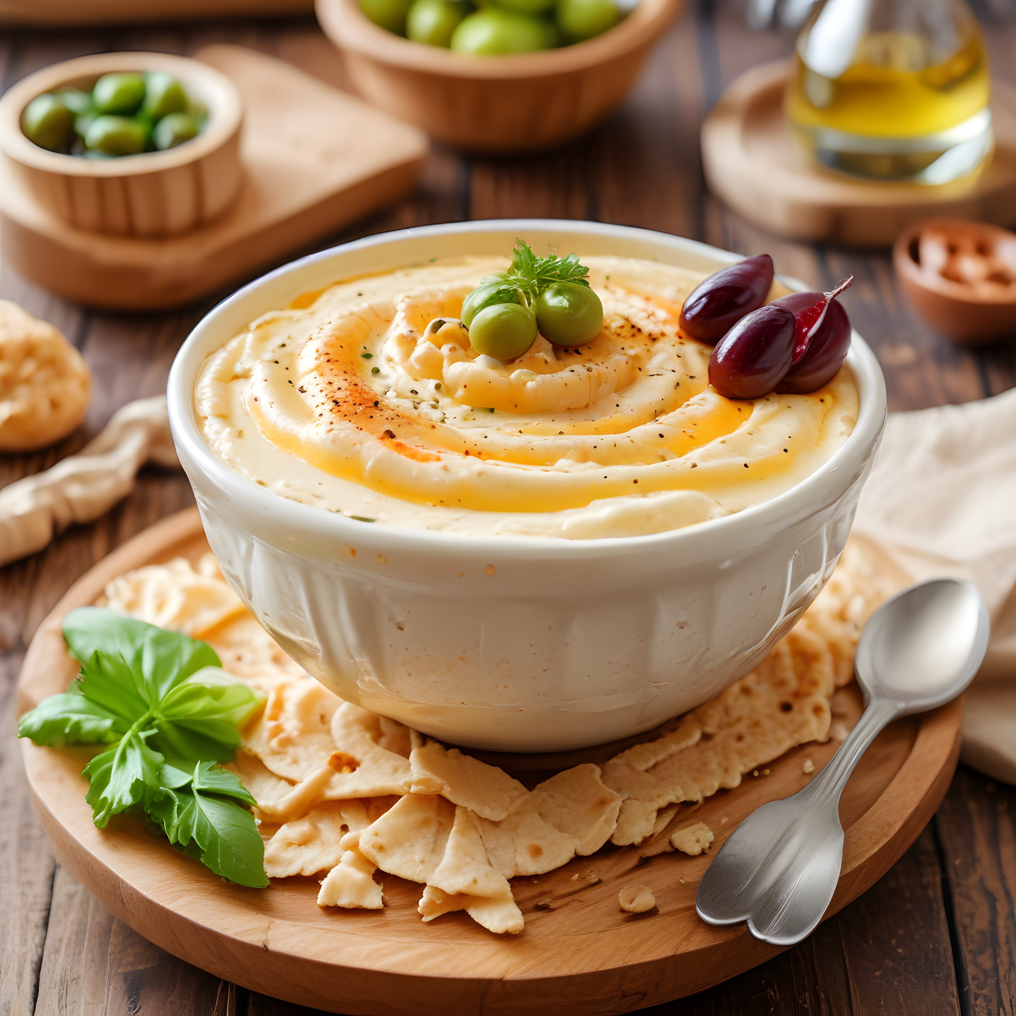 Ahşap Sunumda Zeytin ve Baharatlarla Süslenmiş Krem Humus Mezesi