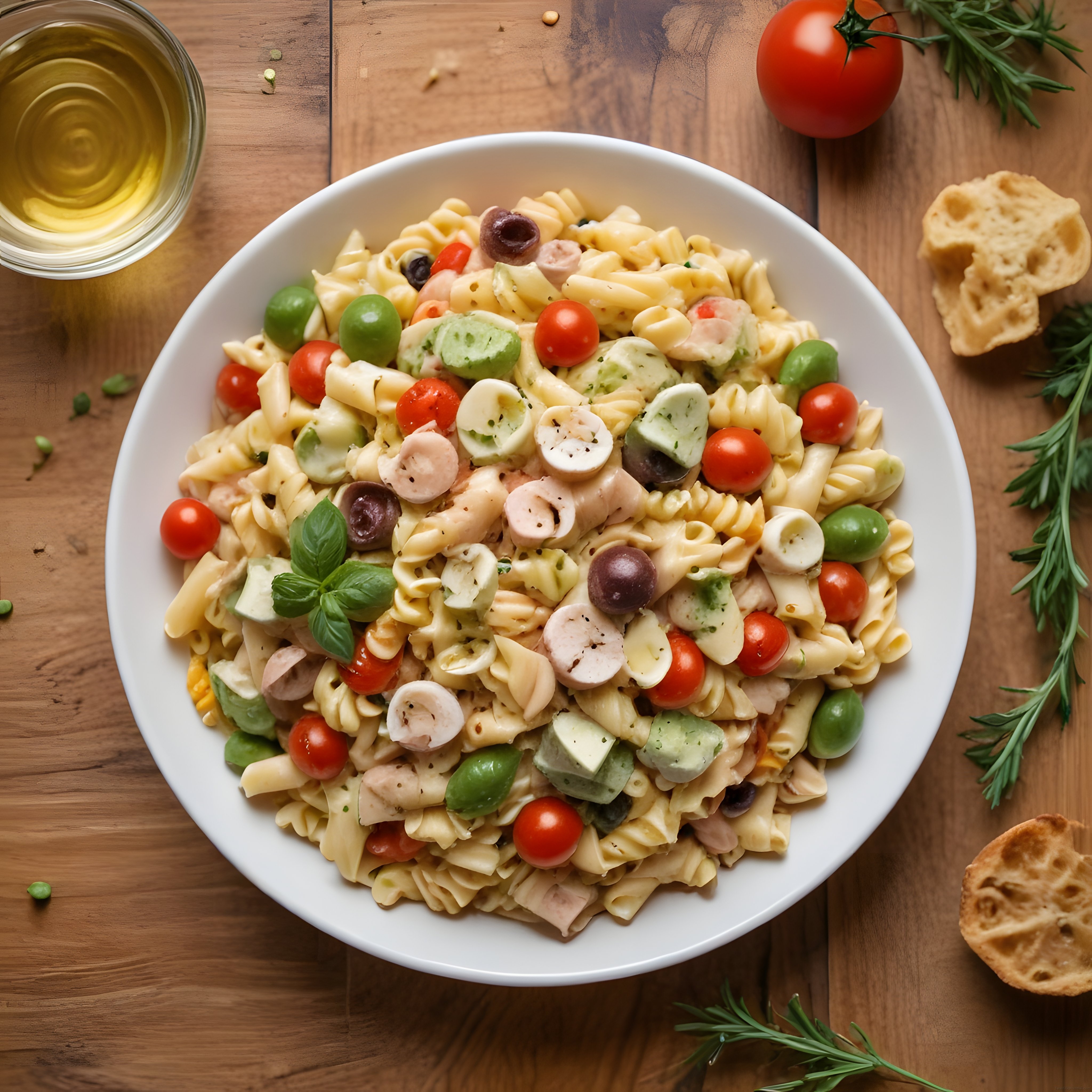ahşap sunumda zeytinli, domatesli ve fesleğenli makarna salatası
