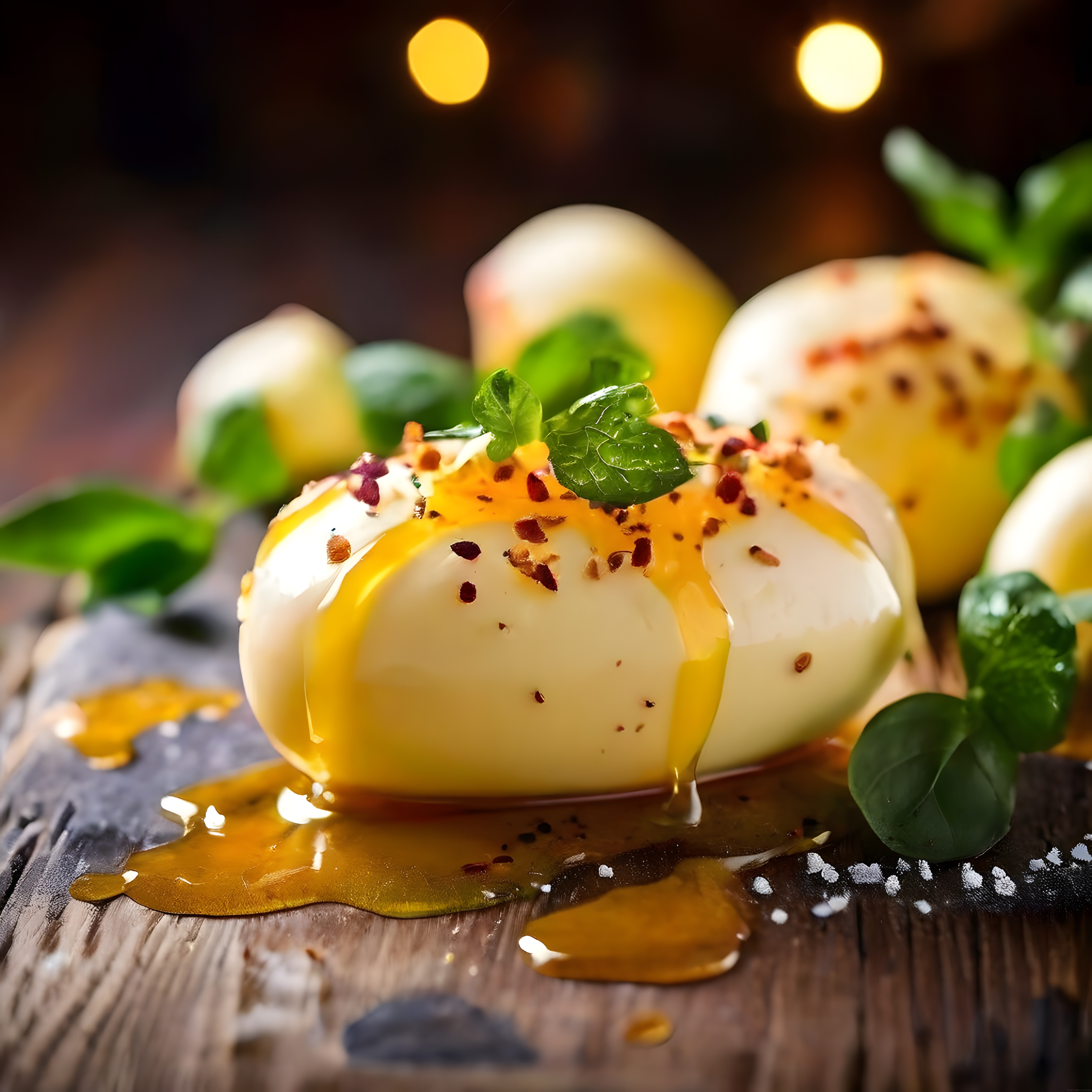 Ahşap Sunumda Zeytinyağlı ve Fesleğenli Taze Mozzarella Topları