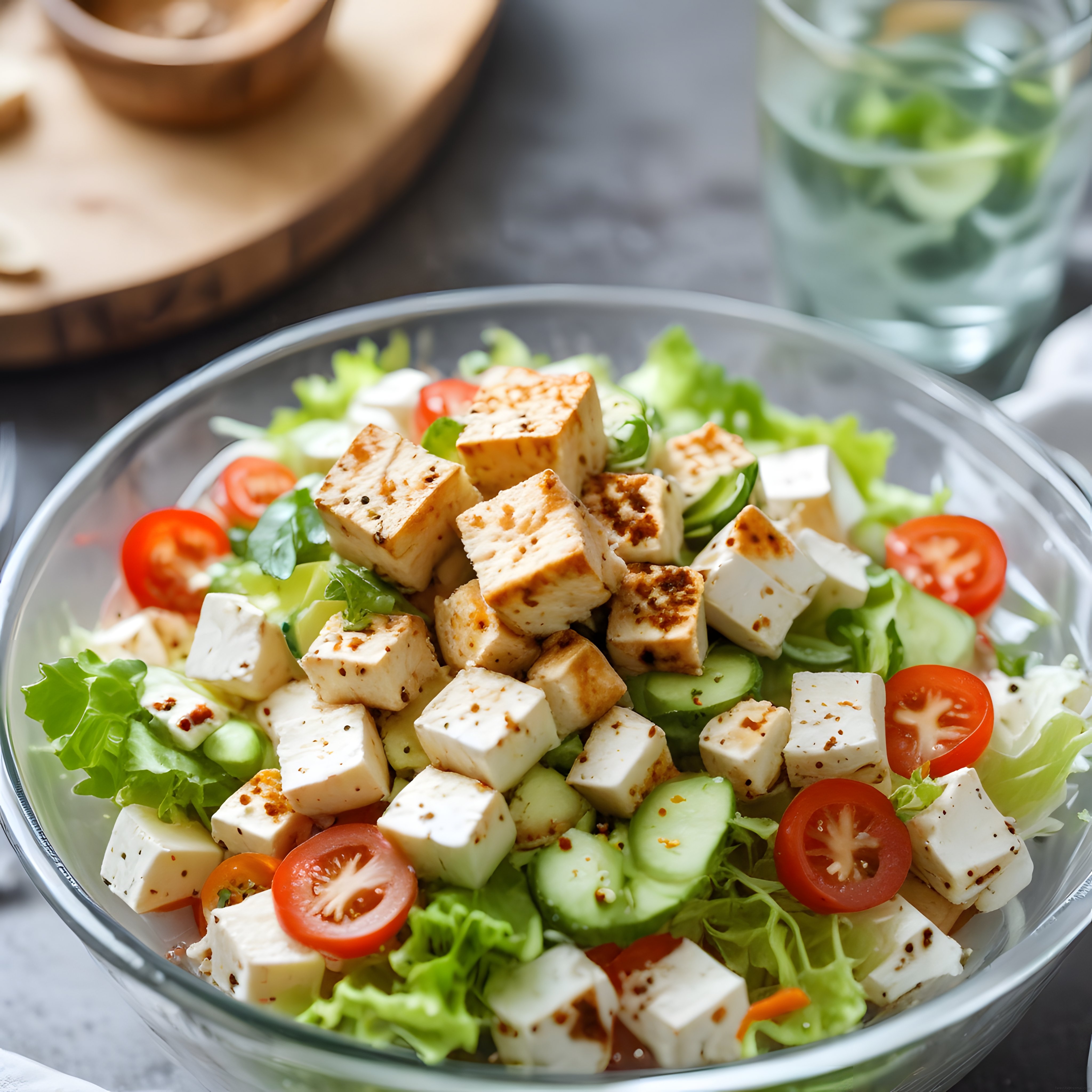 Ahşap Sunumla Baharatlı Lor Peynirli ve Taze Sebzeli Sağlıklı Salata Kasesi